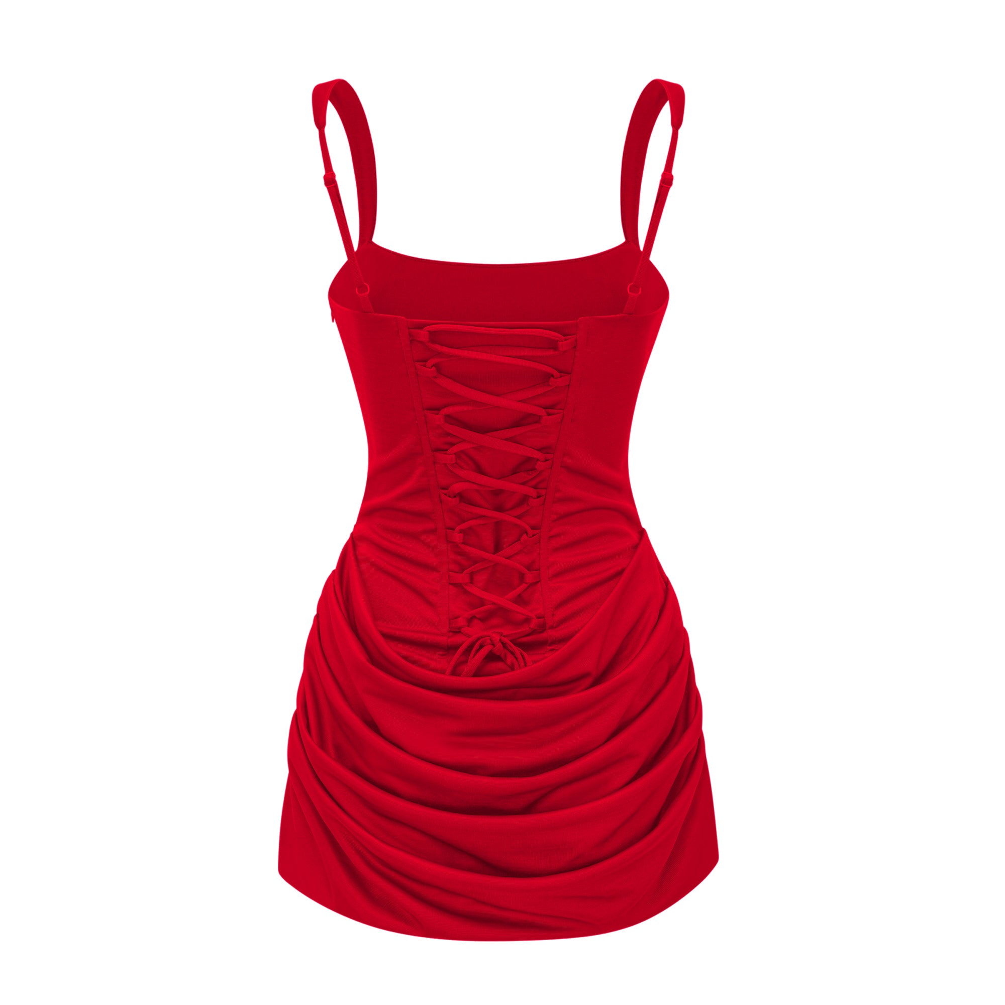 Rotes, gerafftes, figurbetontes Minikleid