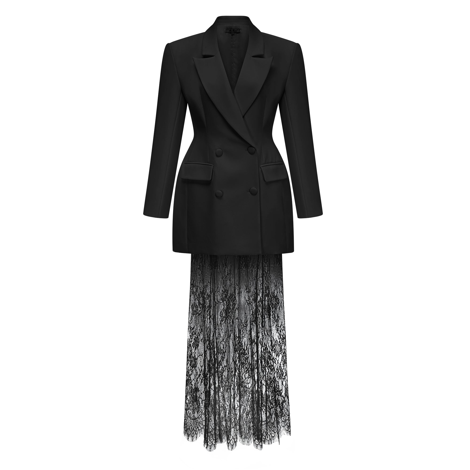 Schwarzes Blazer- und Spitzenrock-Set