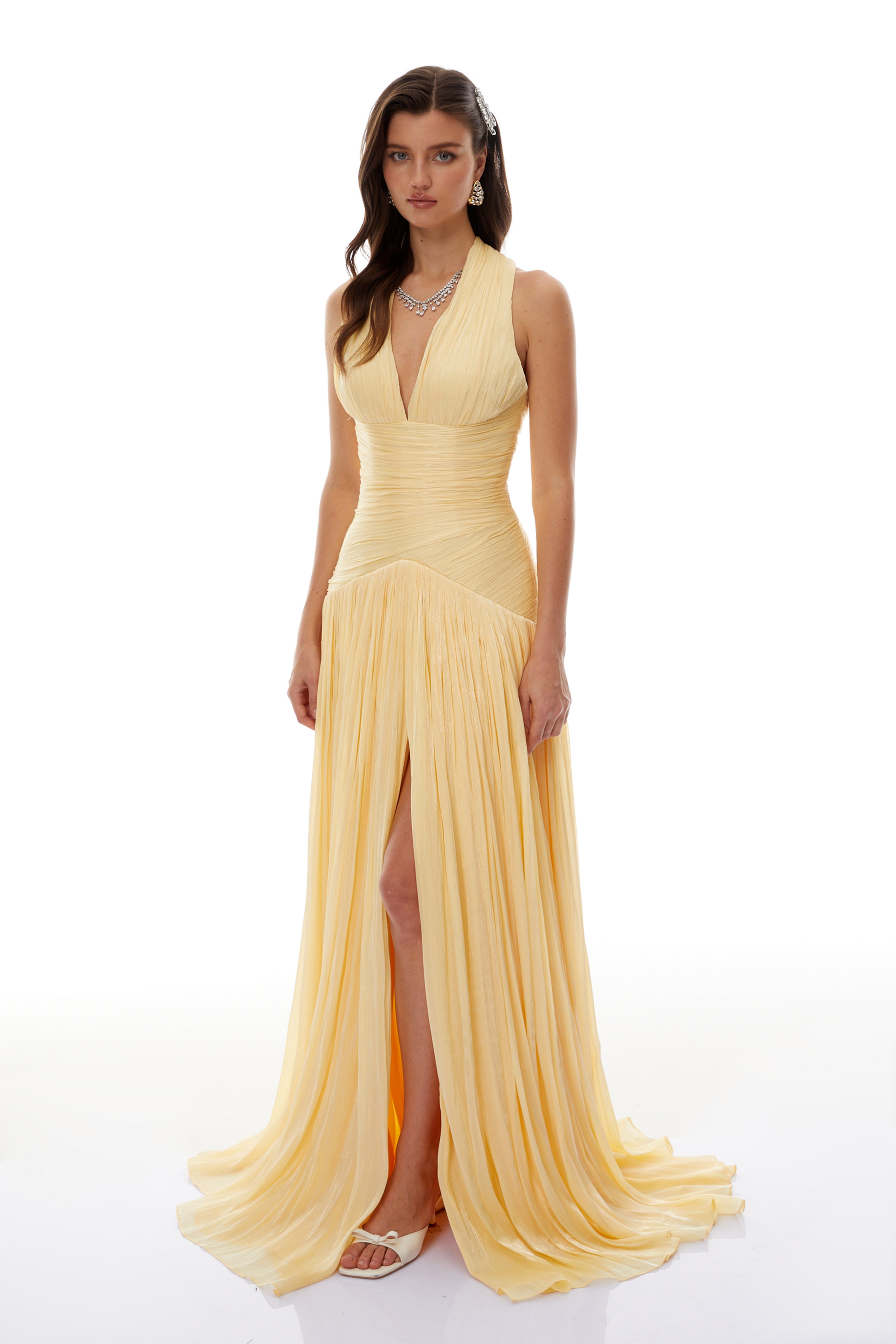 Gelbes gerafftes Maxikleid