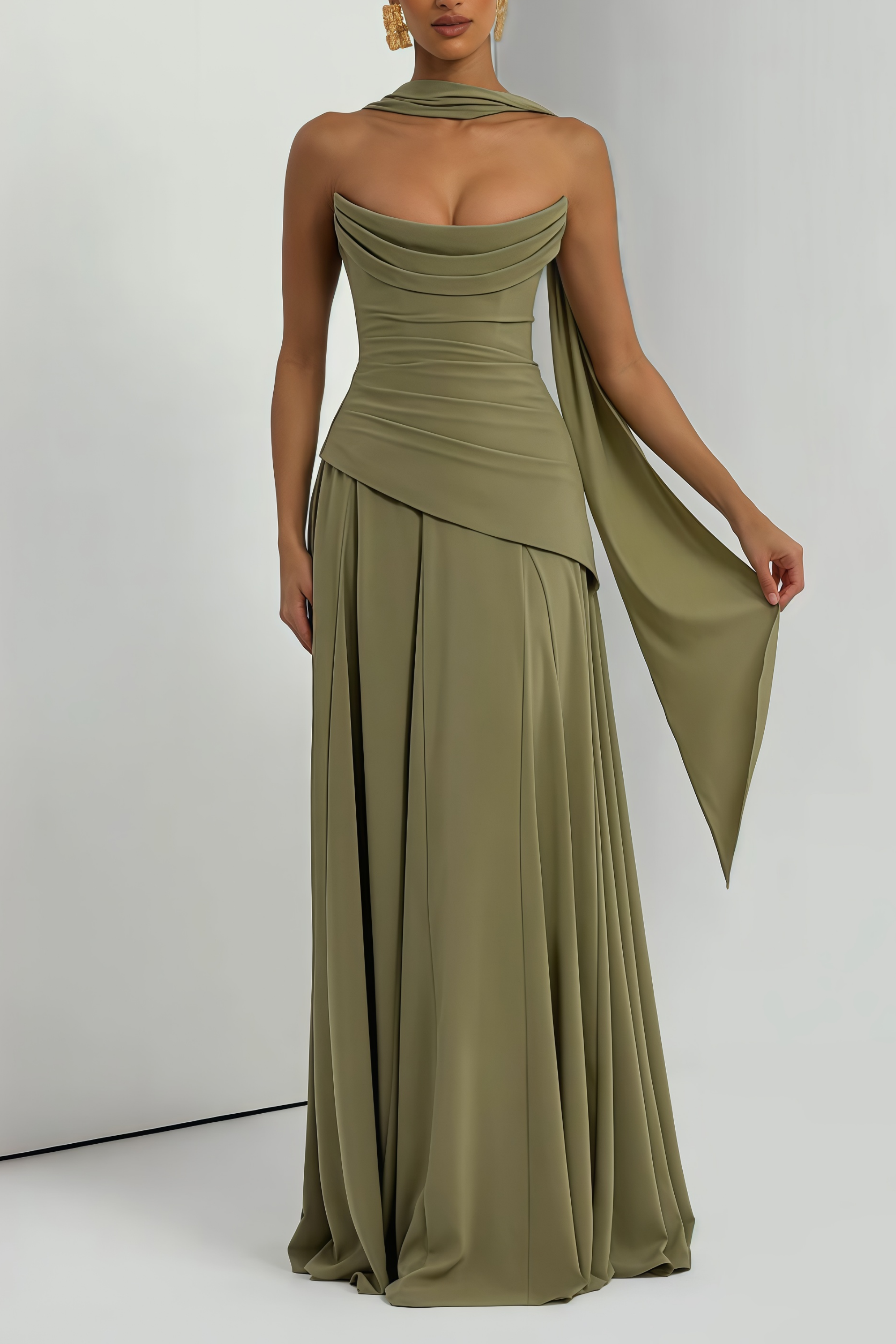 Maxikleid aus salbeigrünem Chiffon