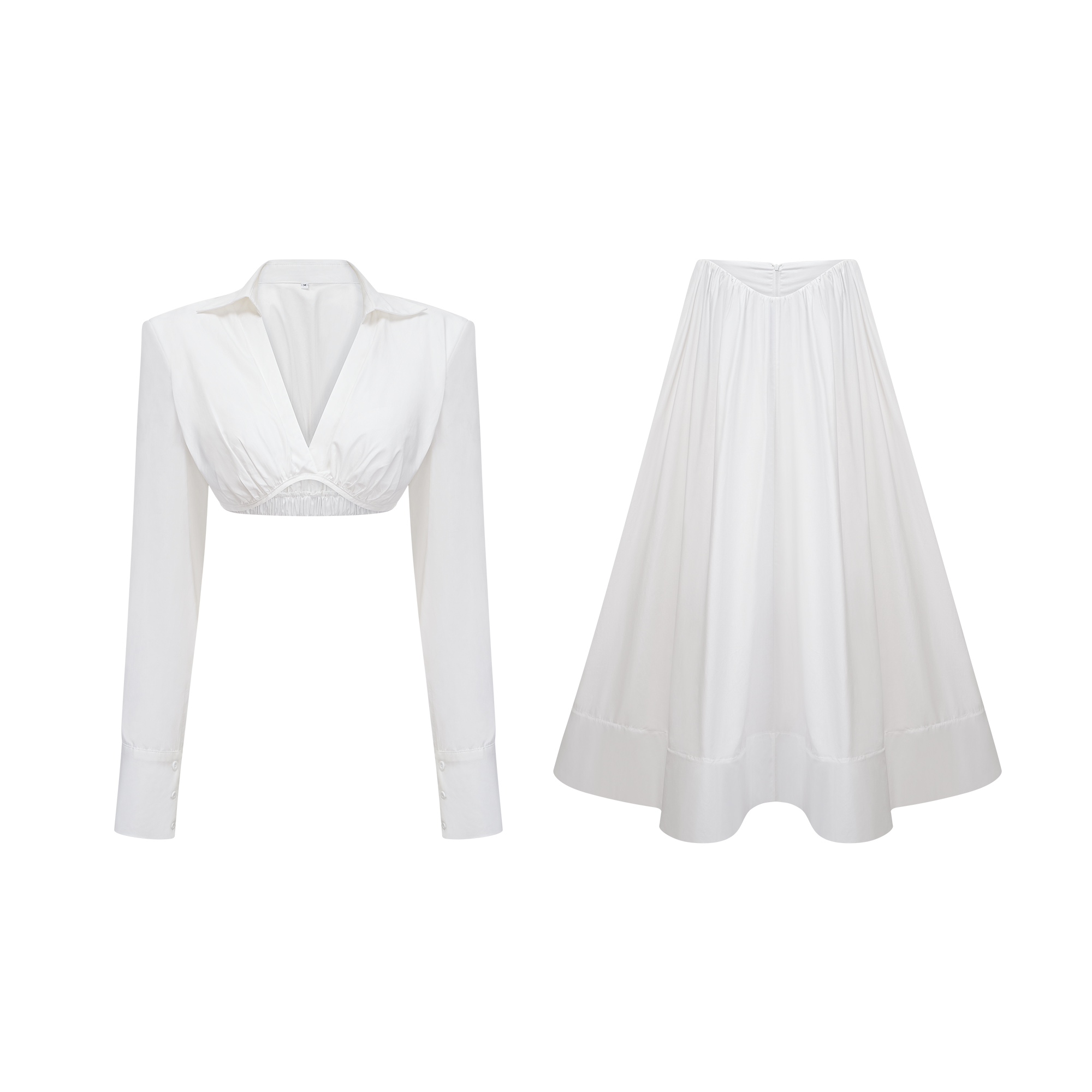 Caterina Weißes Set aus gerafftem Hemd und Rock