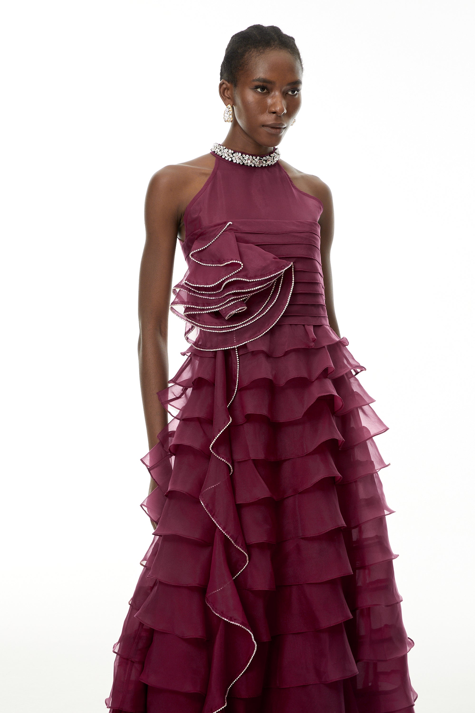 Anathi Rotes 3D-Maxikleid mit gerüschten Blütenblättern