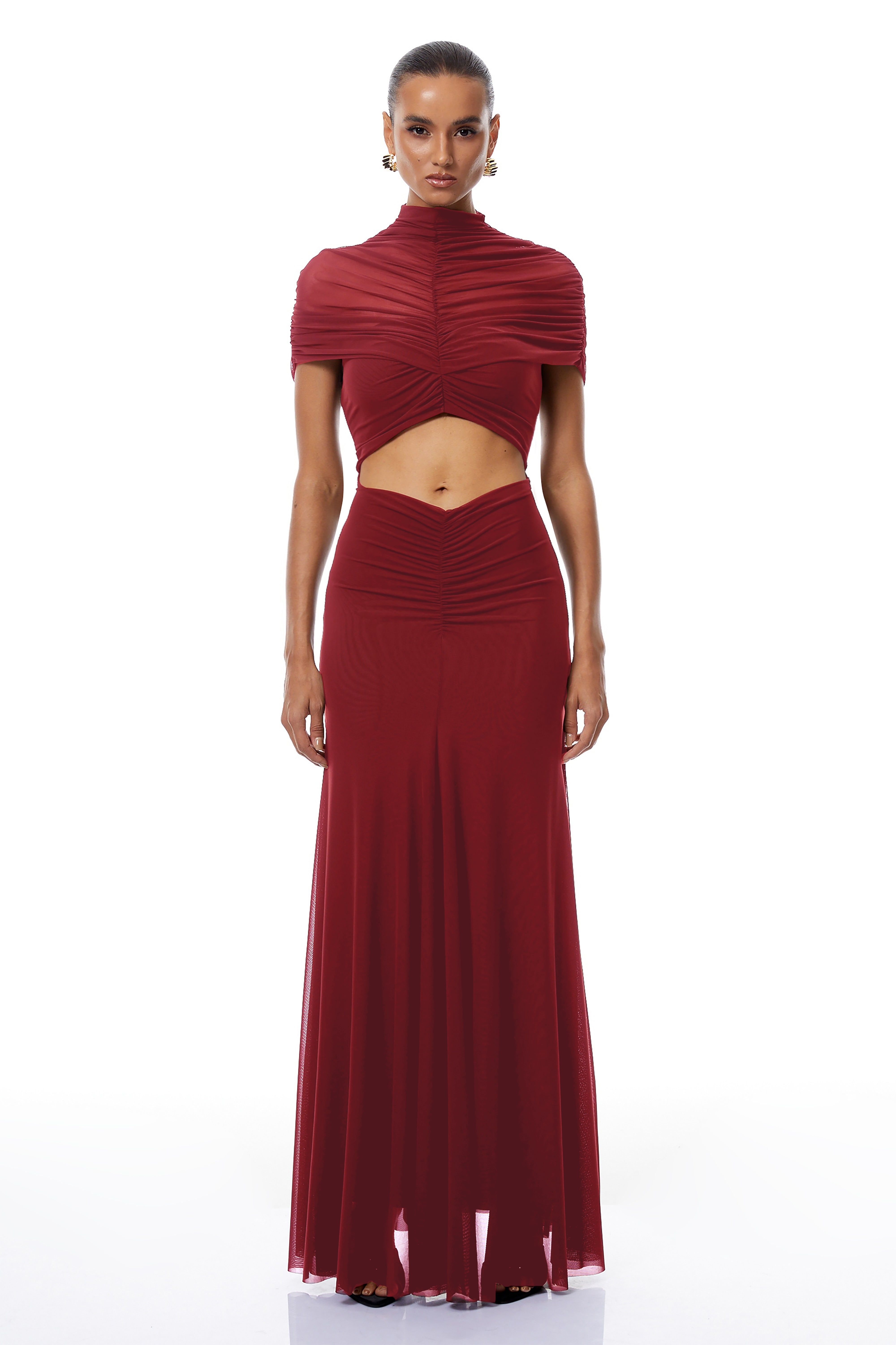 Bruna Rotes Maxikleid aus Mesh mit Cut-Outs und Rüschen
