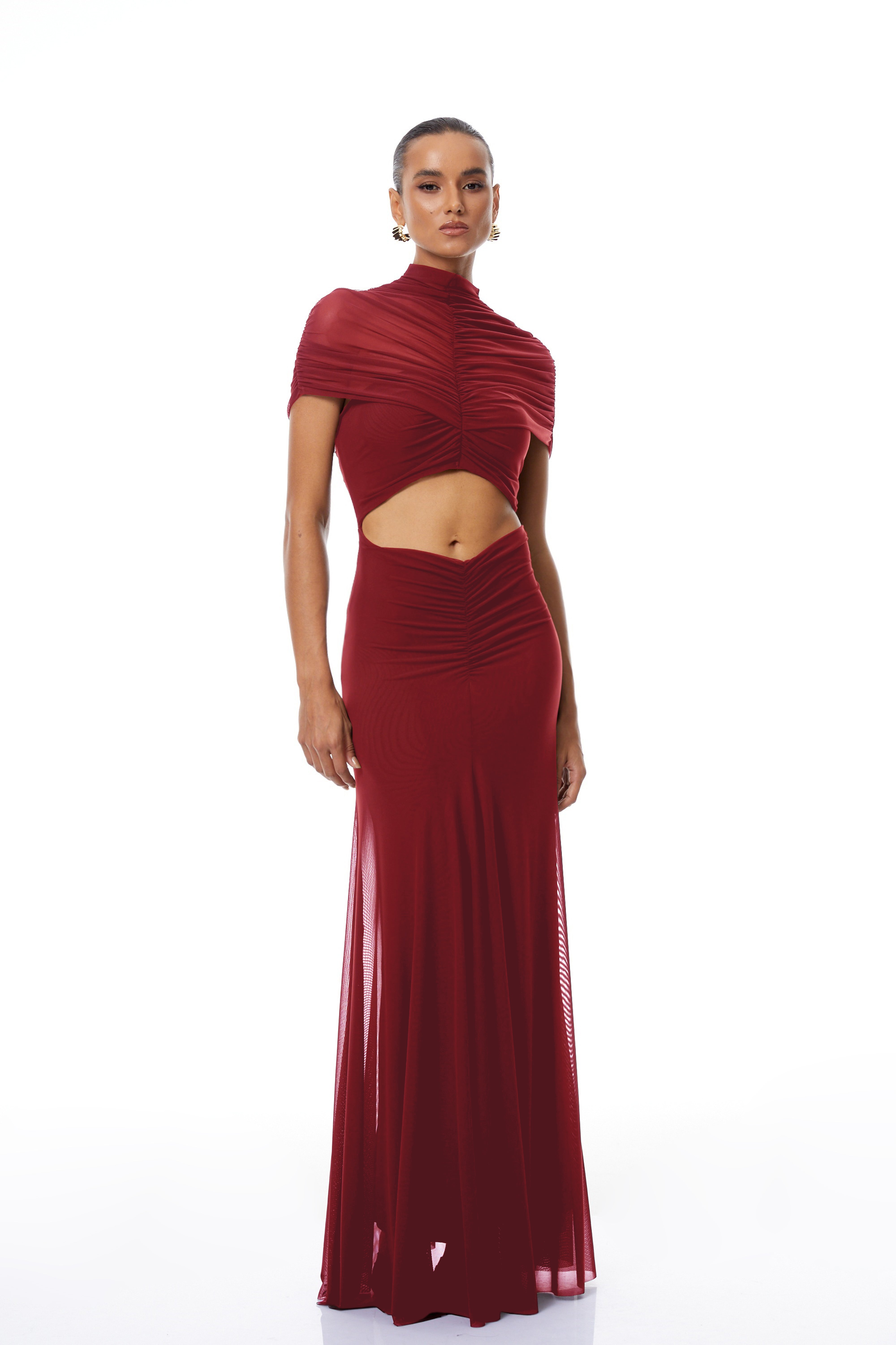 Bruna Rotes Maxikleid aus Mesh mit Cut-Outs und Rüschen