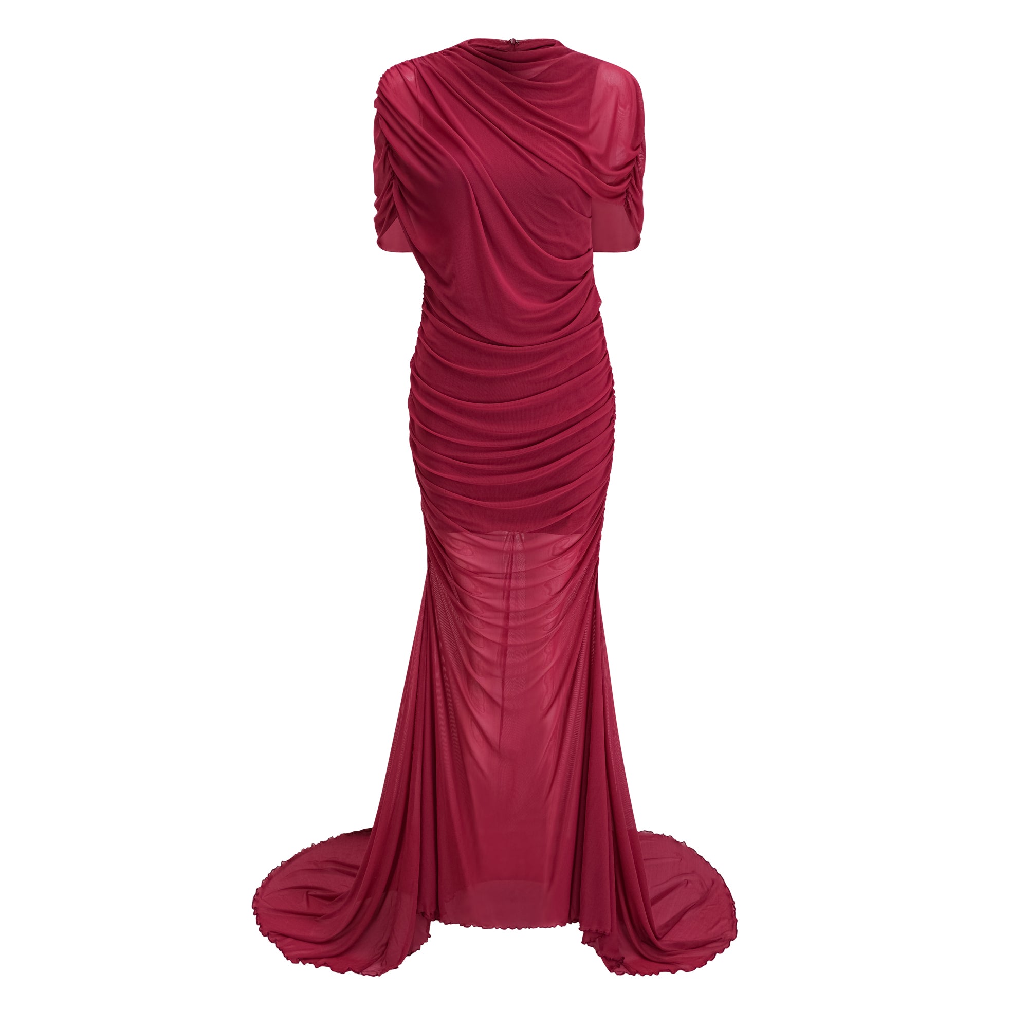 Sylphe Rotes asymmetrisches Maxikleid aus gerafftem Netzstoff