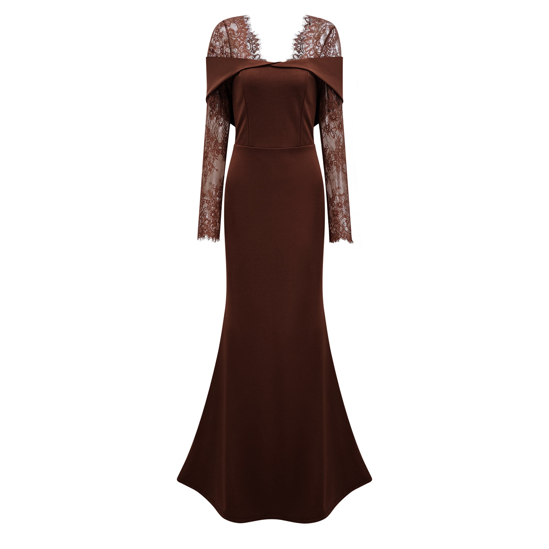 Georgiana Brown Spitzen-Maxikleid mit ausgestelltem Rock