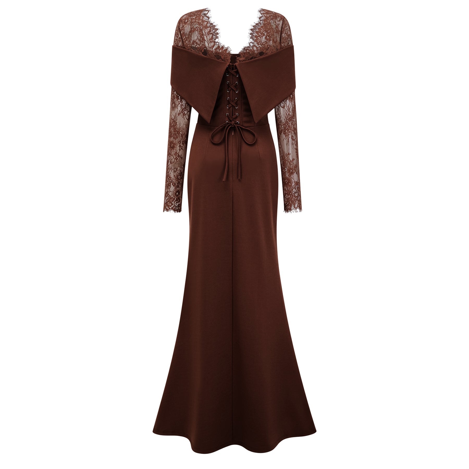Georgiana Brown Spitzen-Maxikleid mit ausgestelltem Rock