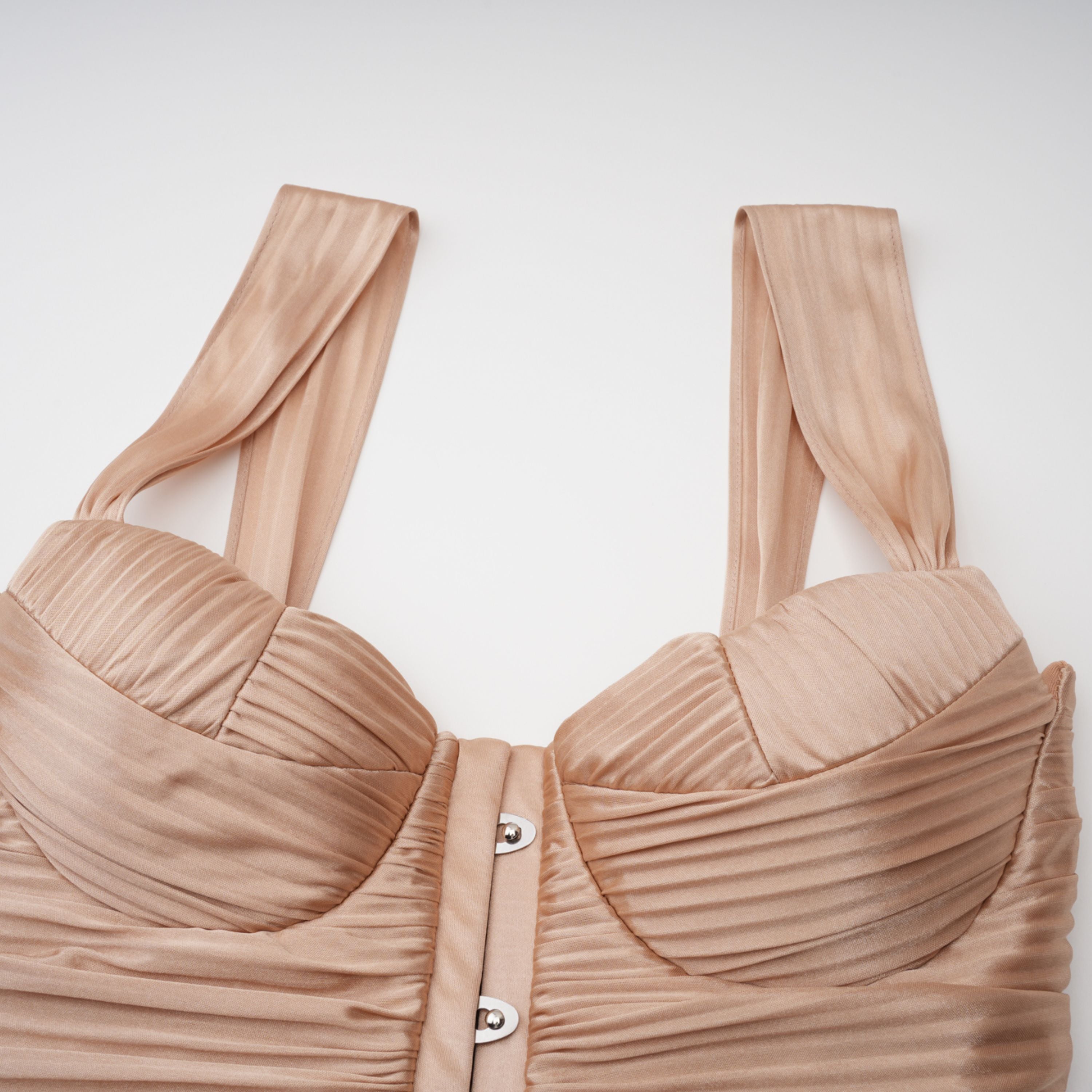 Nicoletta Gold Glänzendes Plissee-Korsett-Maxikleid