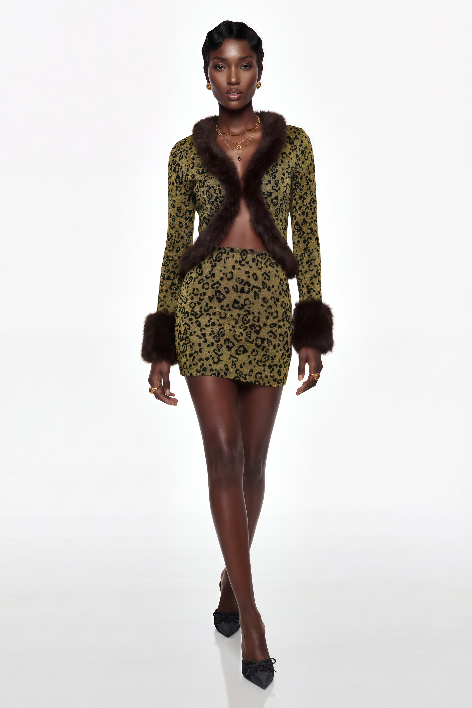 Danica Gelbes Leoparden-Top mit Pelzbesatz & Rock-Set