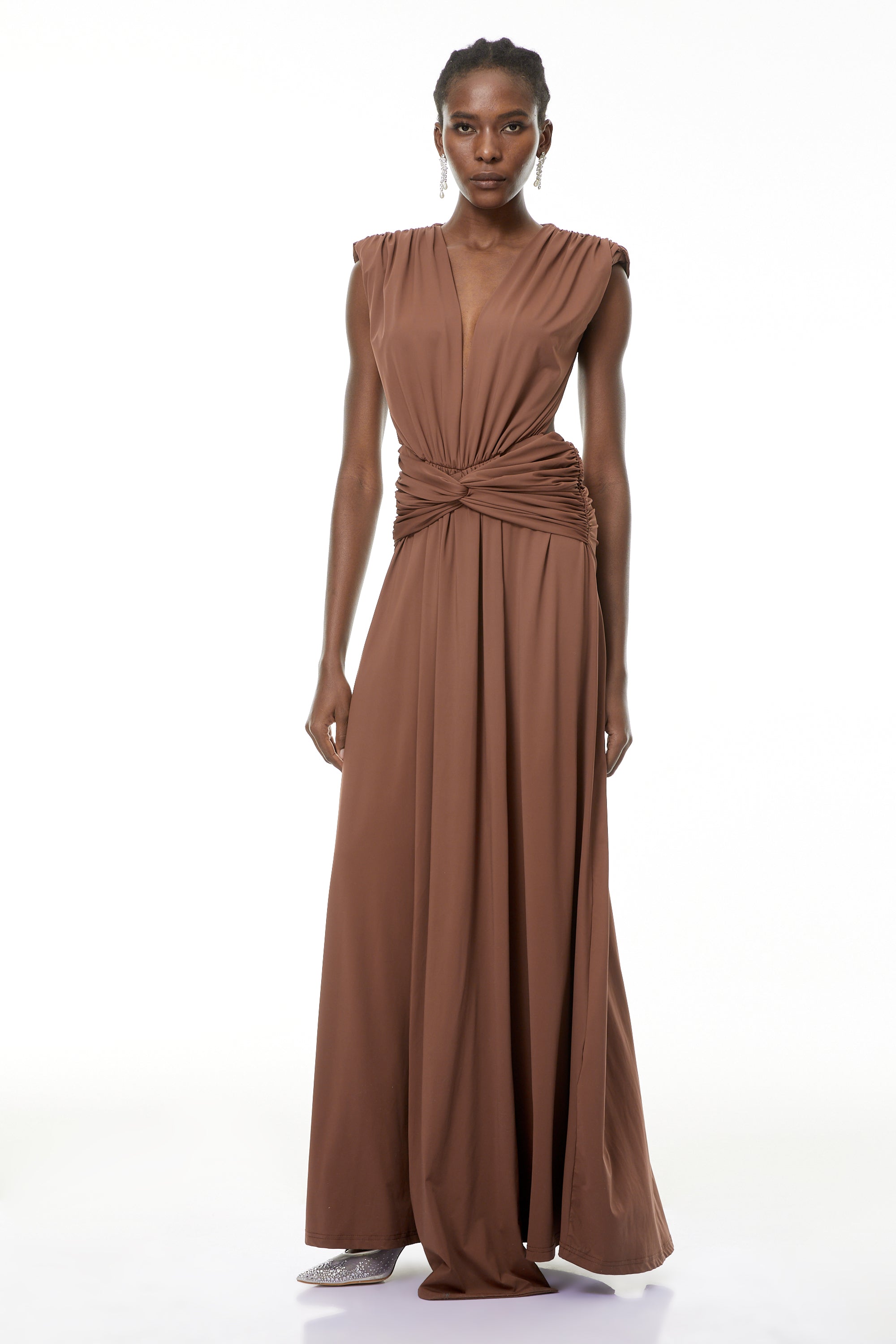Else Brown Maxikleid mit tiefem V-Ausschnitt und gedrehtem Design
