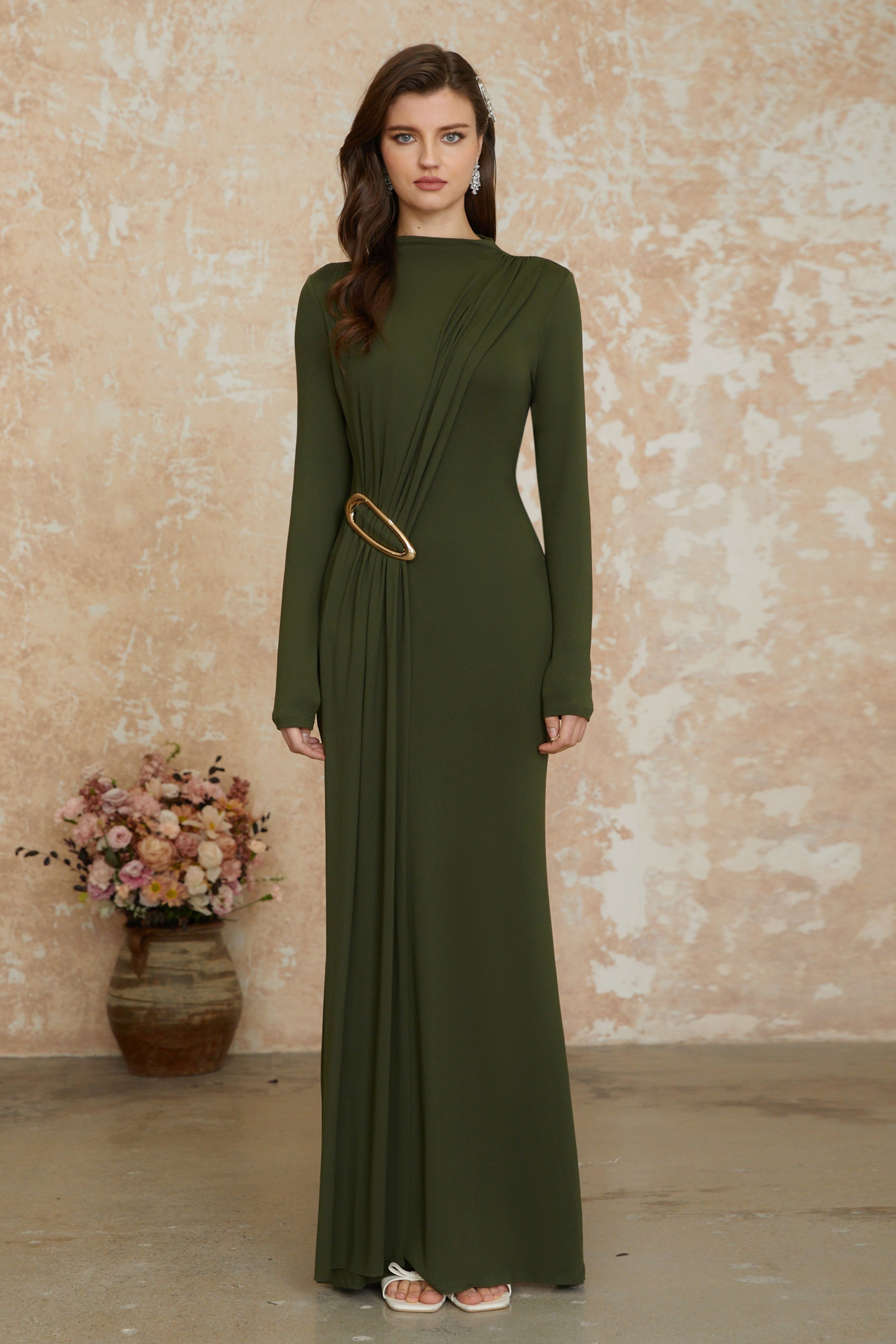 Fawn Green Maxikleid mit Rüschen und Schleifendetail