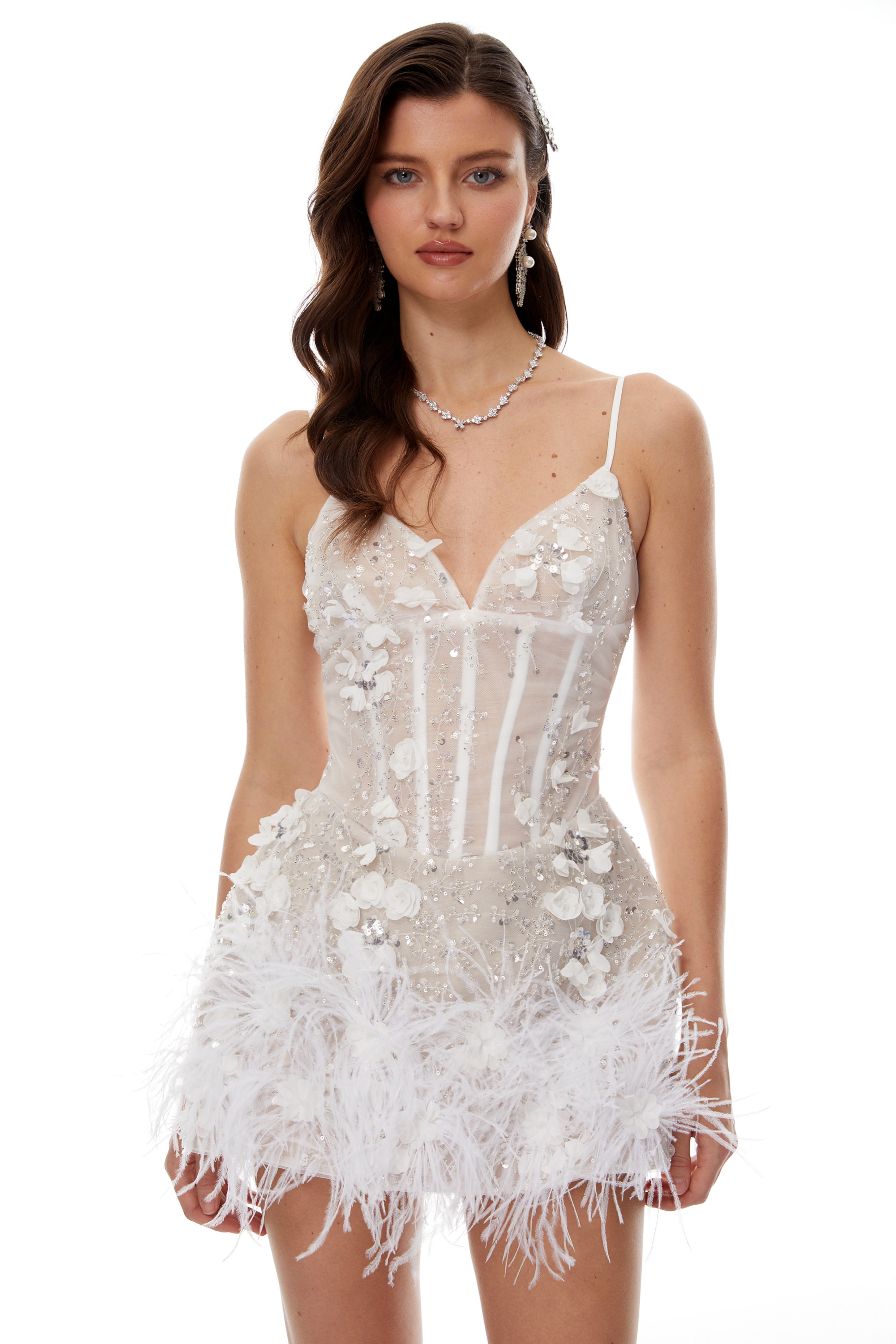 Hildegard Weißes 3D-Blütenblatt-Minikleid mit Federbesatz