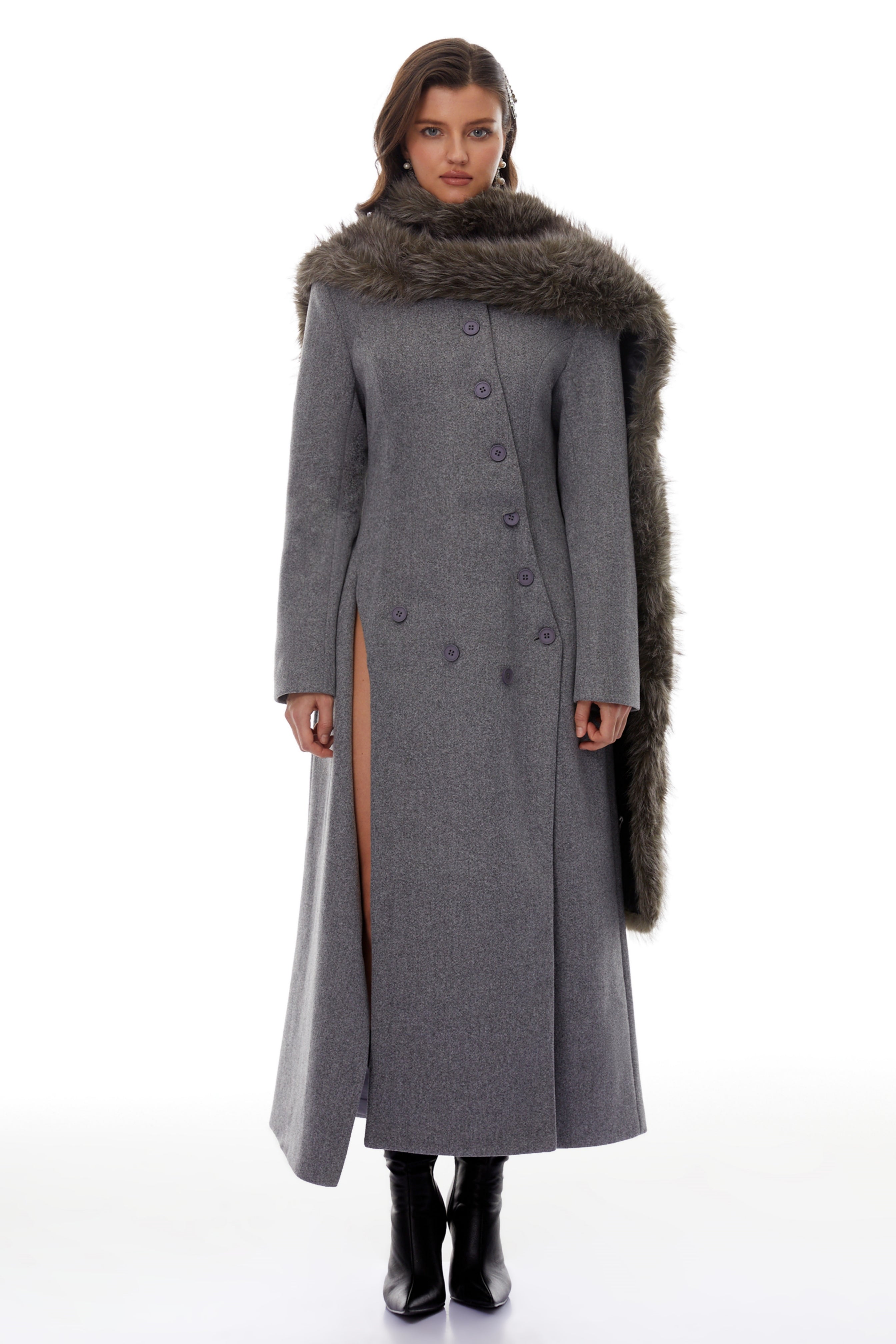 Izan Grey Asymmetrisches Tweed-Blazer-Maxikleid