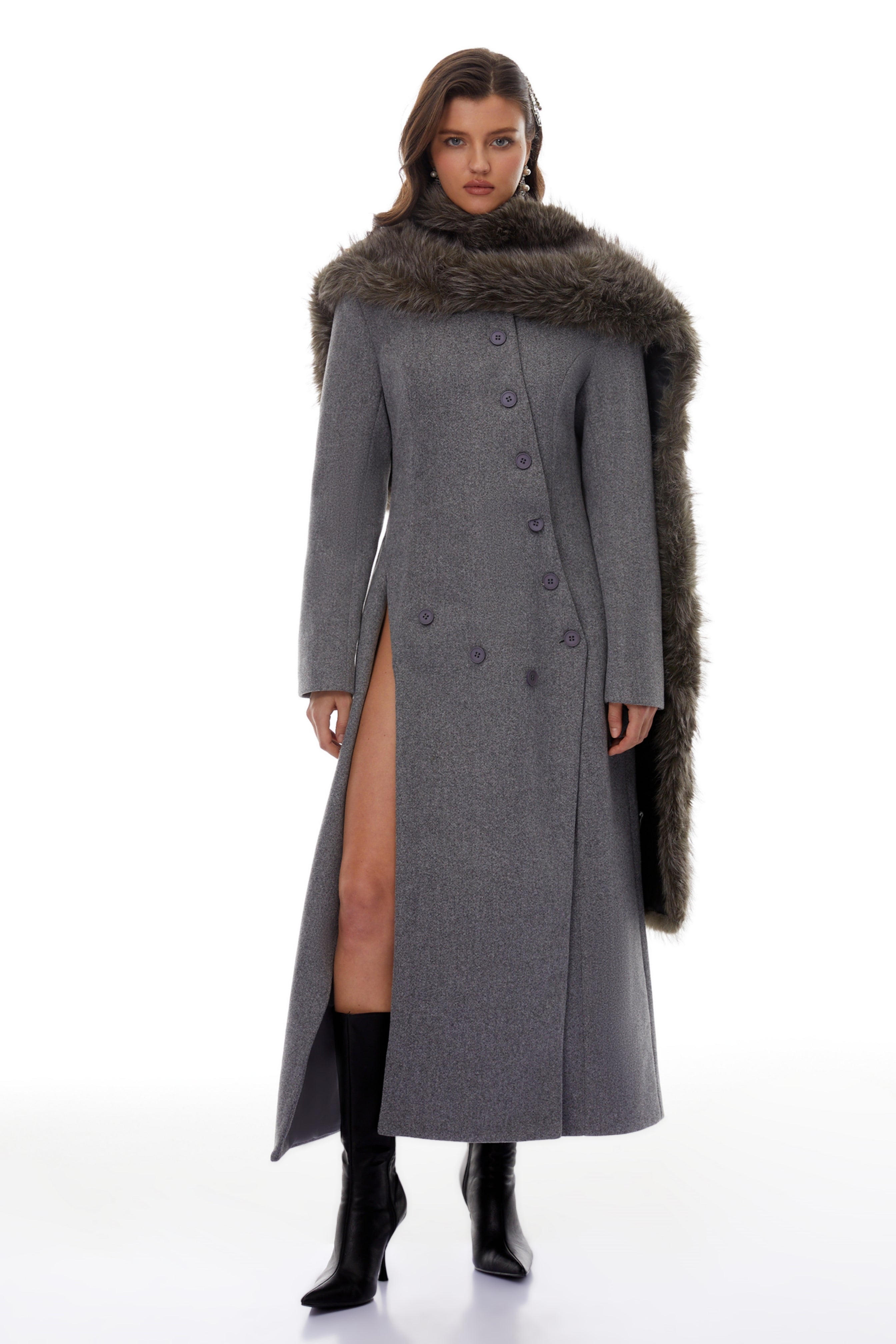 Izan Grey Asymmetrisches Tweed-Blazer-Maxikleid