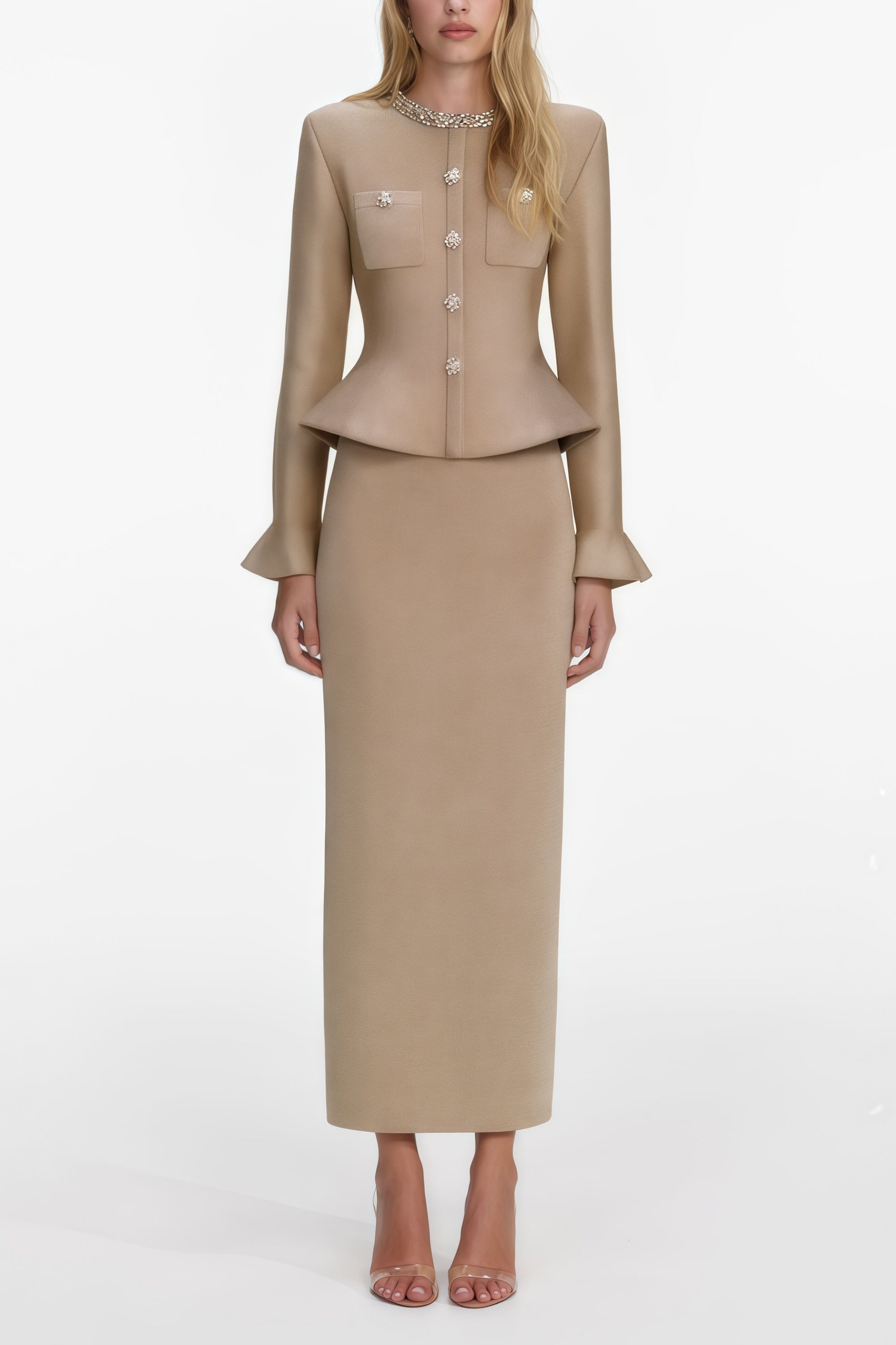 Kayla Gold Kristallverziertes Strick-Midikleid