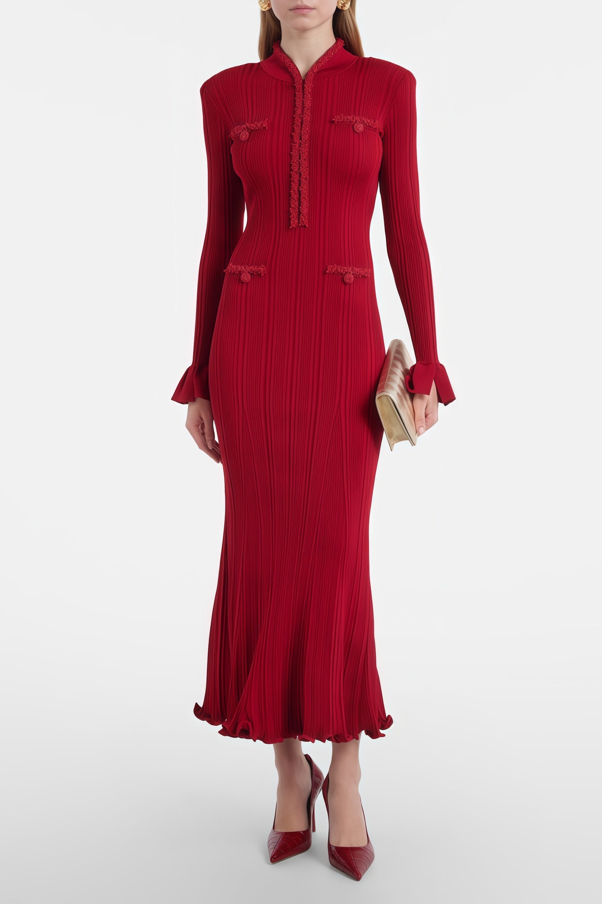 Lindokuhle Rotes, mit Perlen besticktes, figurbetontes Midikleid aus Strick