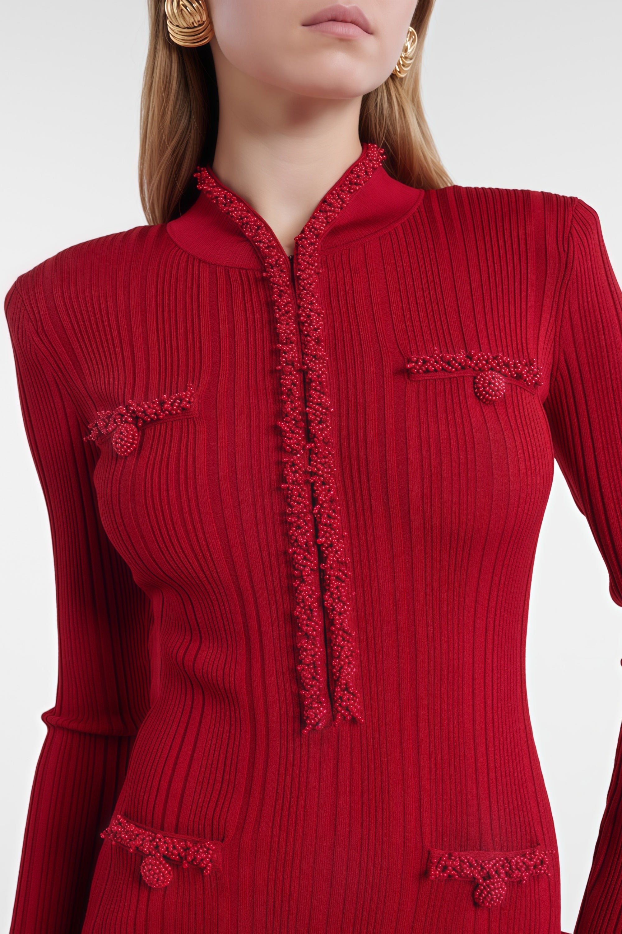 Lindokuhle Rotes, mit Perlen besticktes, figurbetontes Midikleid aus Strick