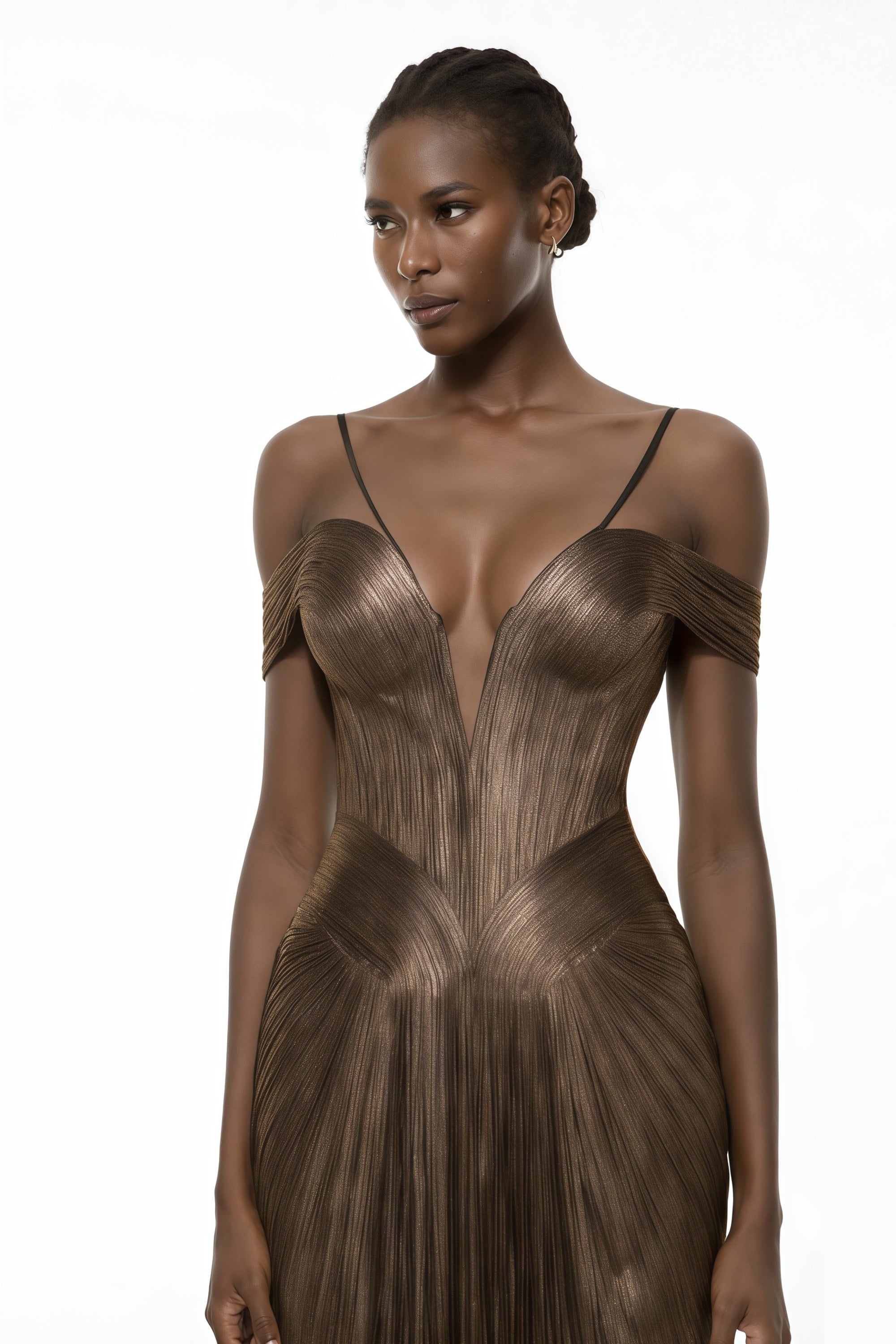 Tief ausgeschnittenes, schulterfreies Plissé-Kleid