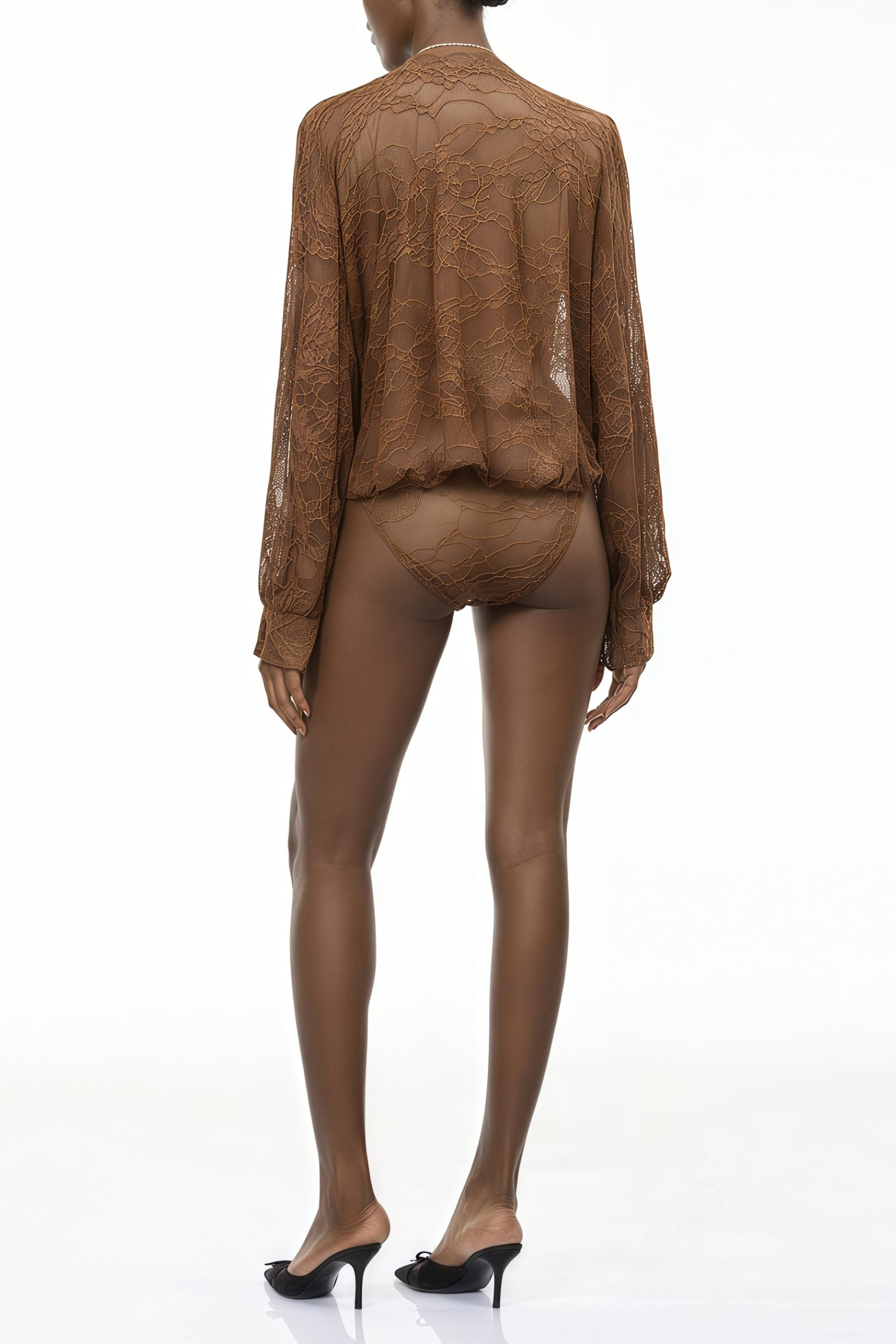 Marise Khaki-farbener Body mit floraler Spitze und Bindeband