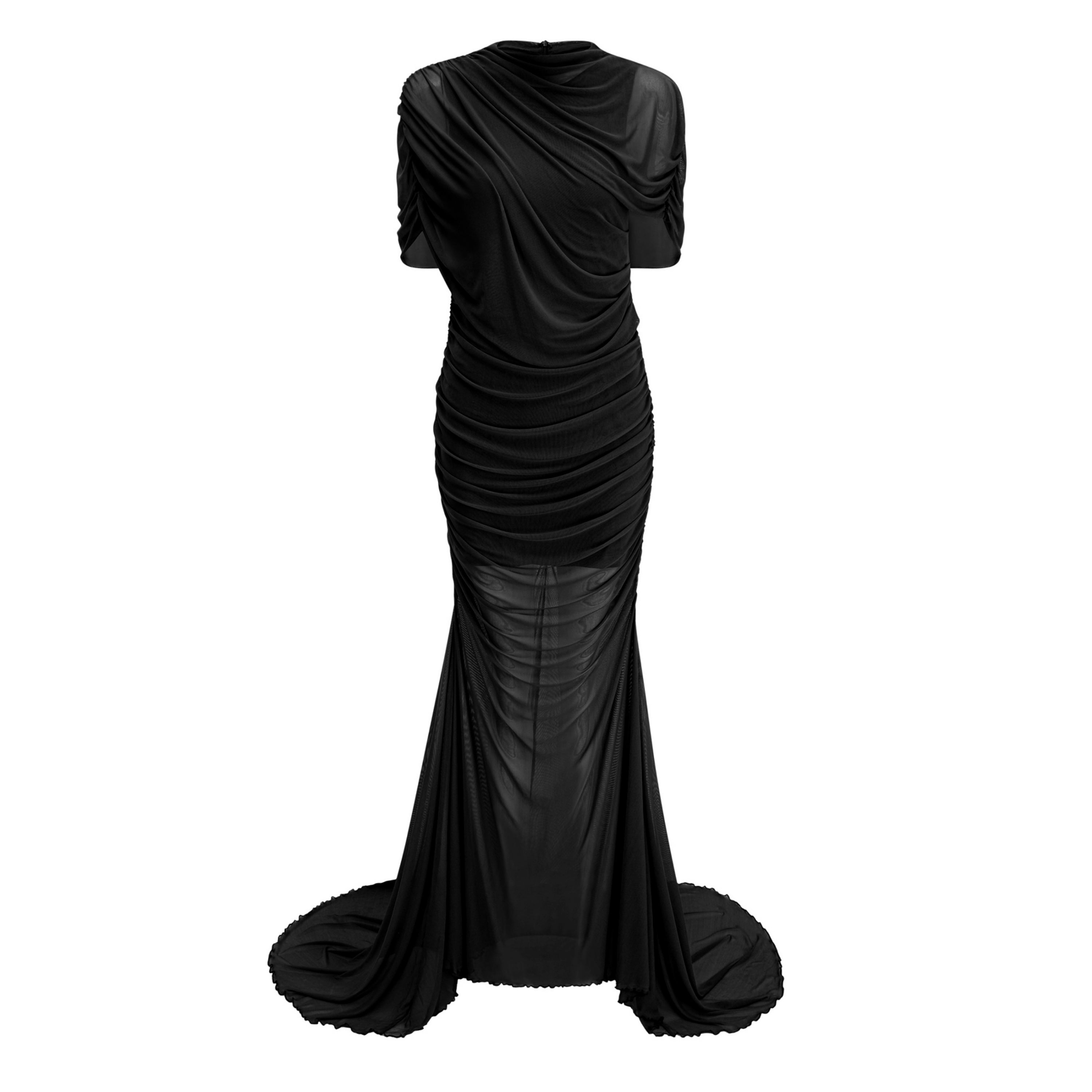 Sylphe Schwarzes asymmetrisches Maxikleid aus gerafftem Netzstoff