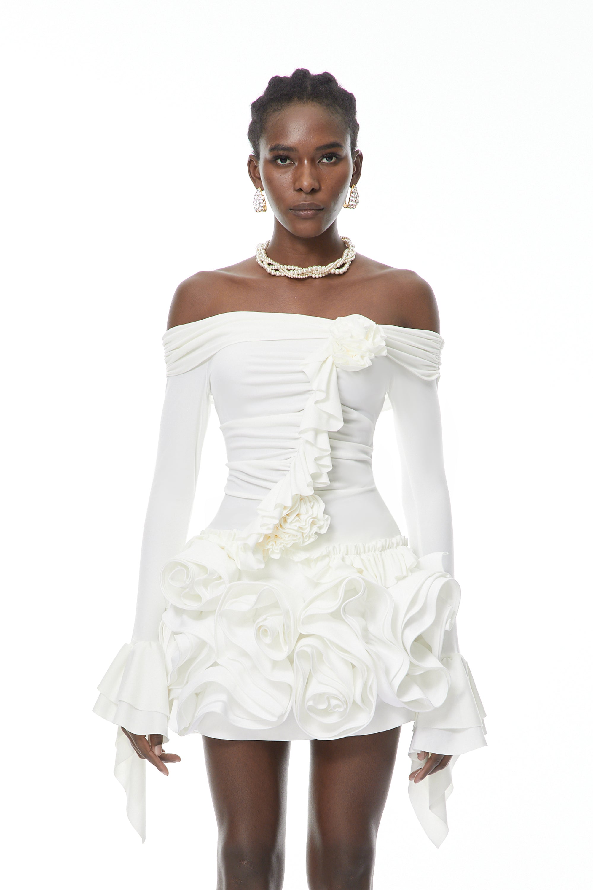 Vanessa Weißes Blusen- und Rock-Set mit 3D-Blütenblättern