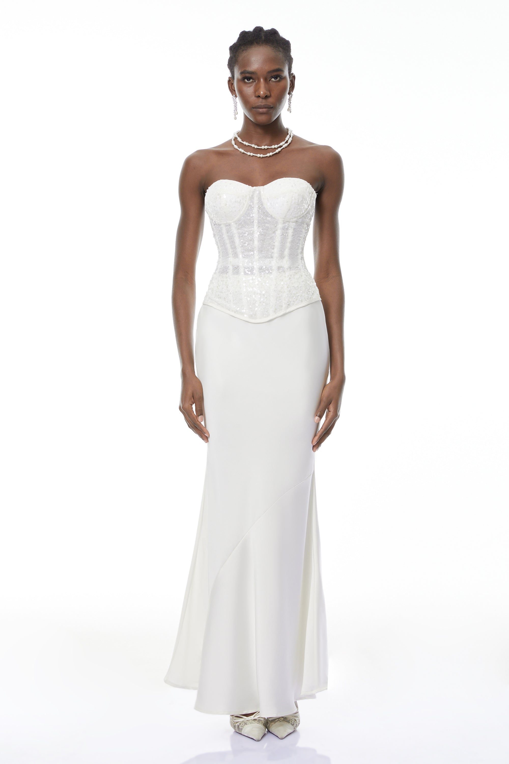 Zora Weißes Pailletten-Korsett-Oberteil & Satinrock-Set