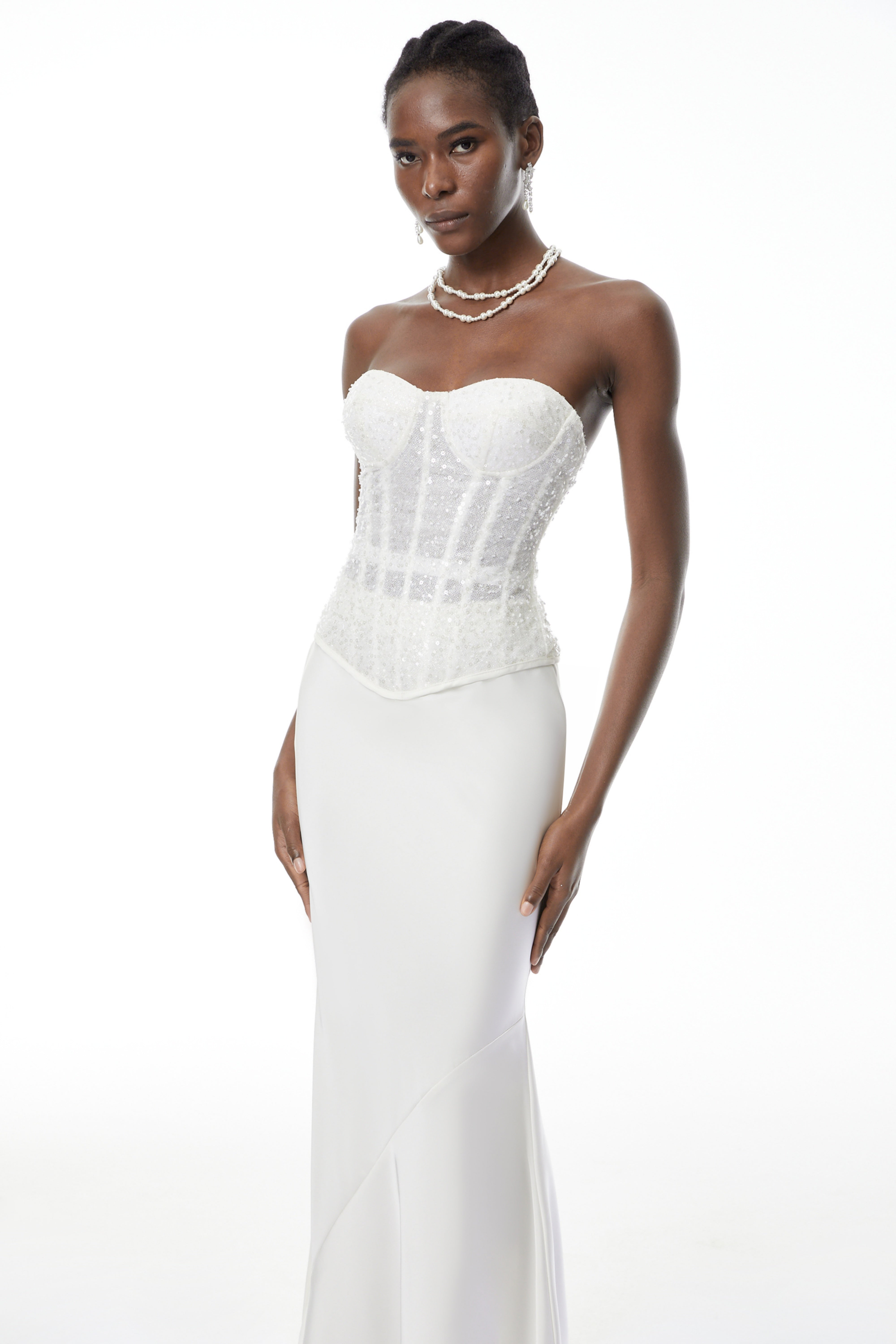 Zora Weißes Pailletten-Korsett-Oberteil & Satinrock-Set