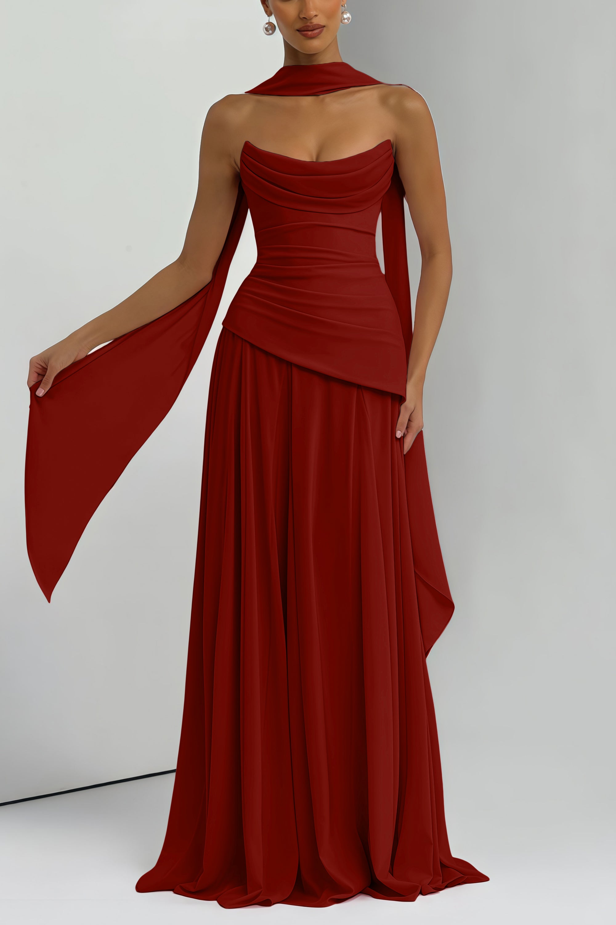 Romane Burgundy Trägerloses Korsett-Maxikleid aus Chiffon