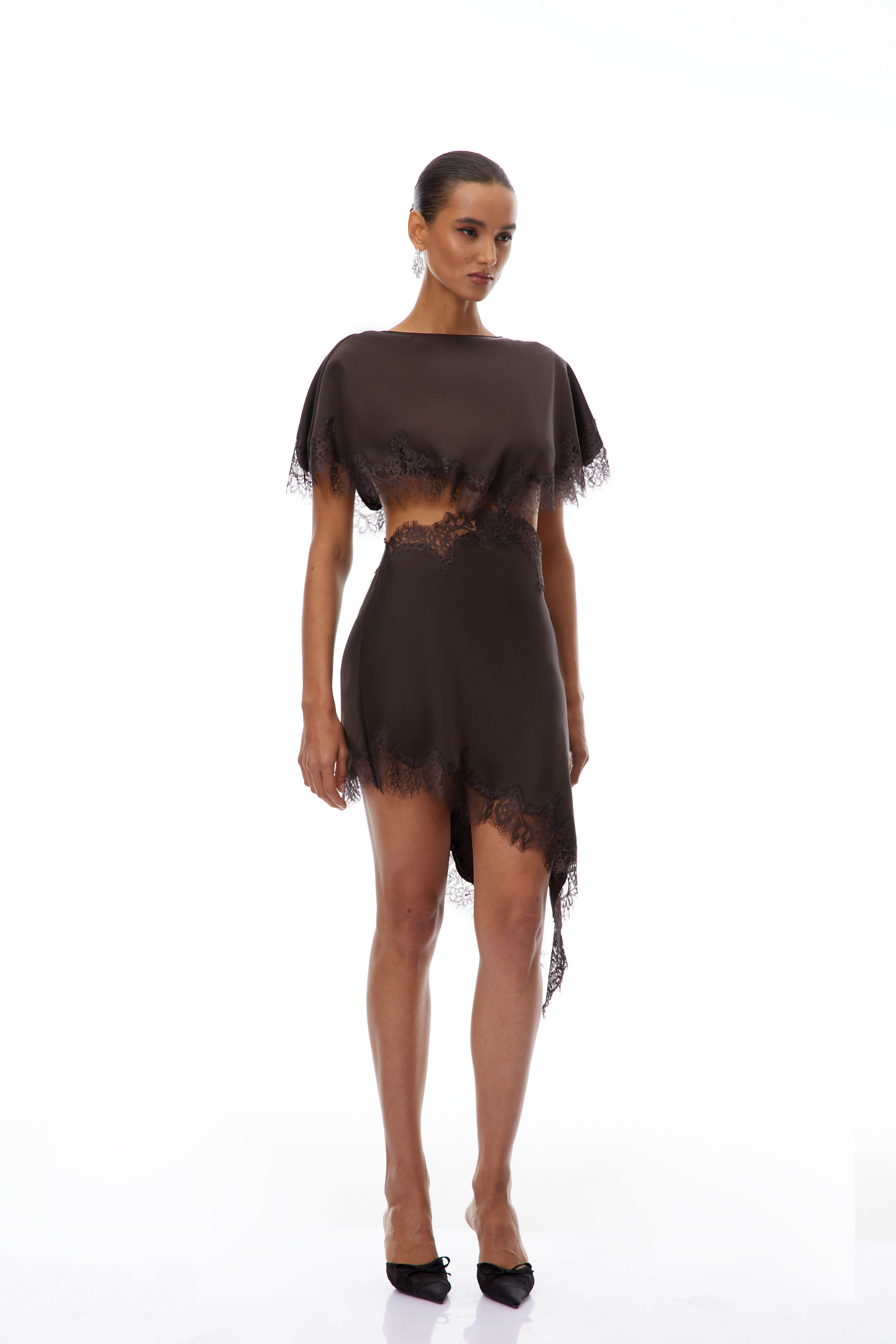 Henrik Brown Kleid mit Spitzenbesatz