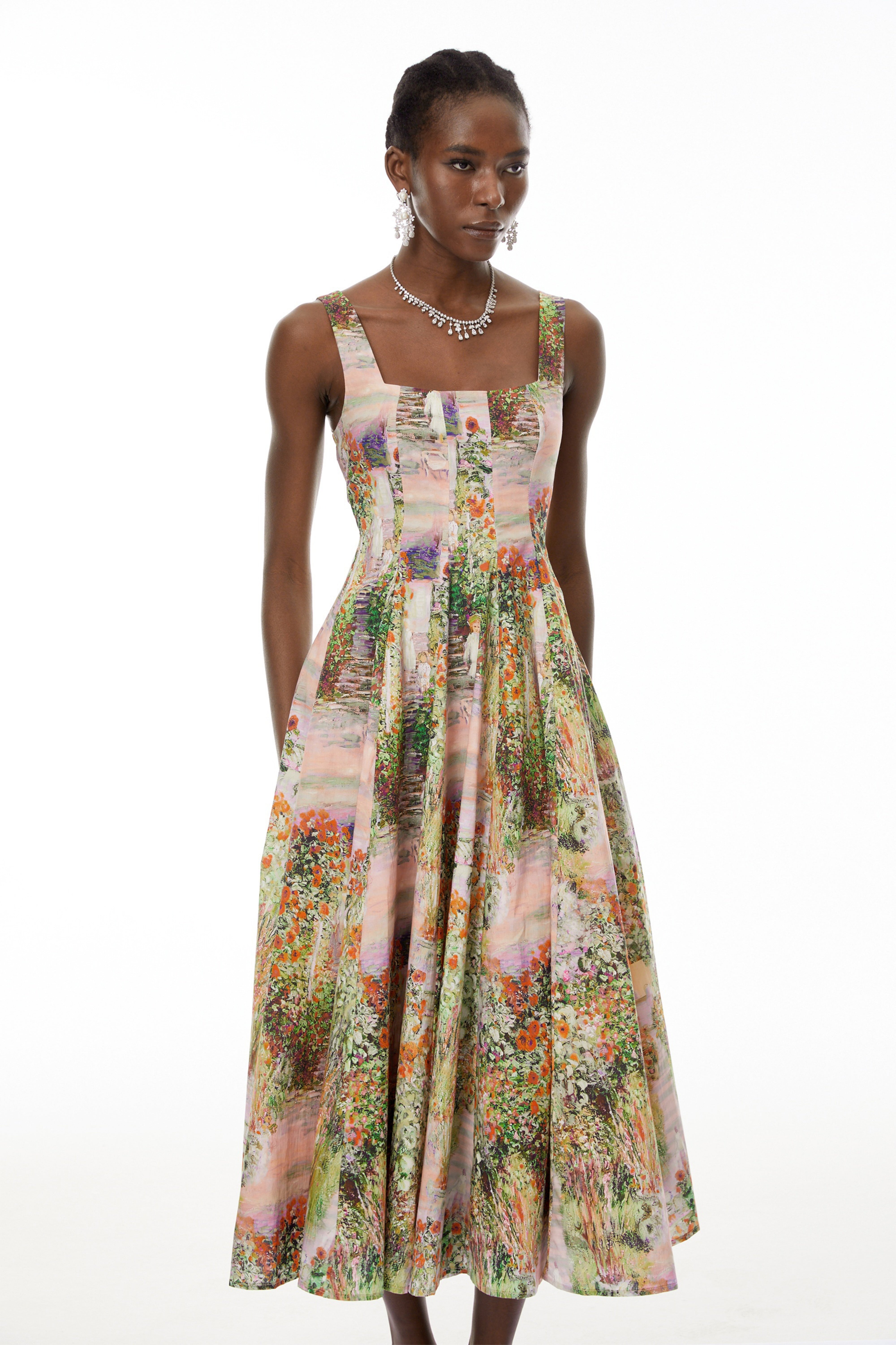 Adelheid Midi-Kleid mit Blumenmuster in Rosa und ausgestelltem Rock