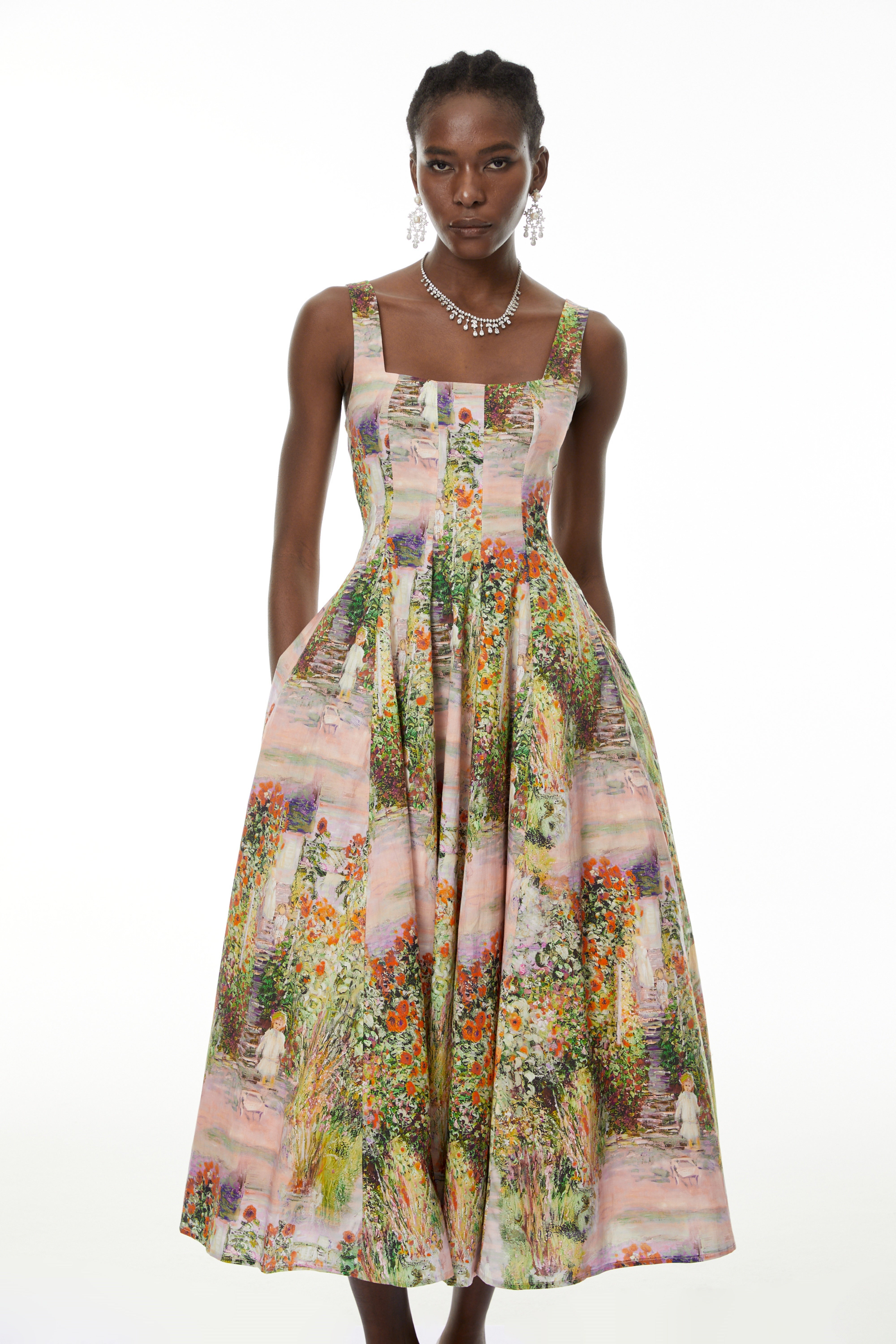 Adelheid Midi-Kleid mit Blumenmuster in Rosa und ausgestelltem Rock