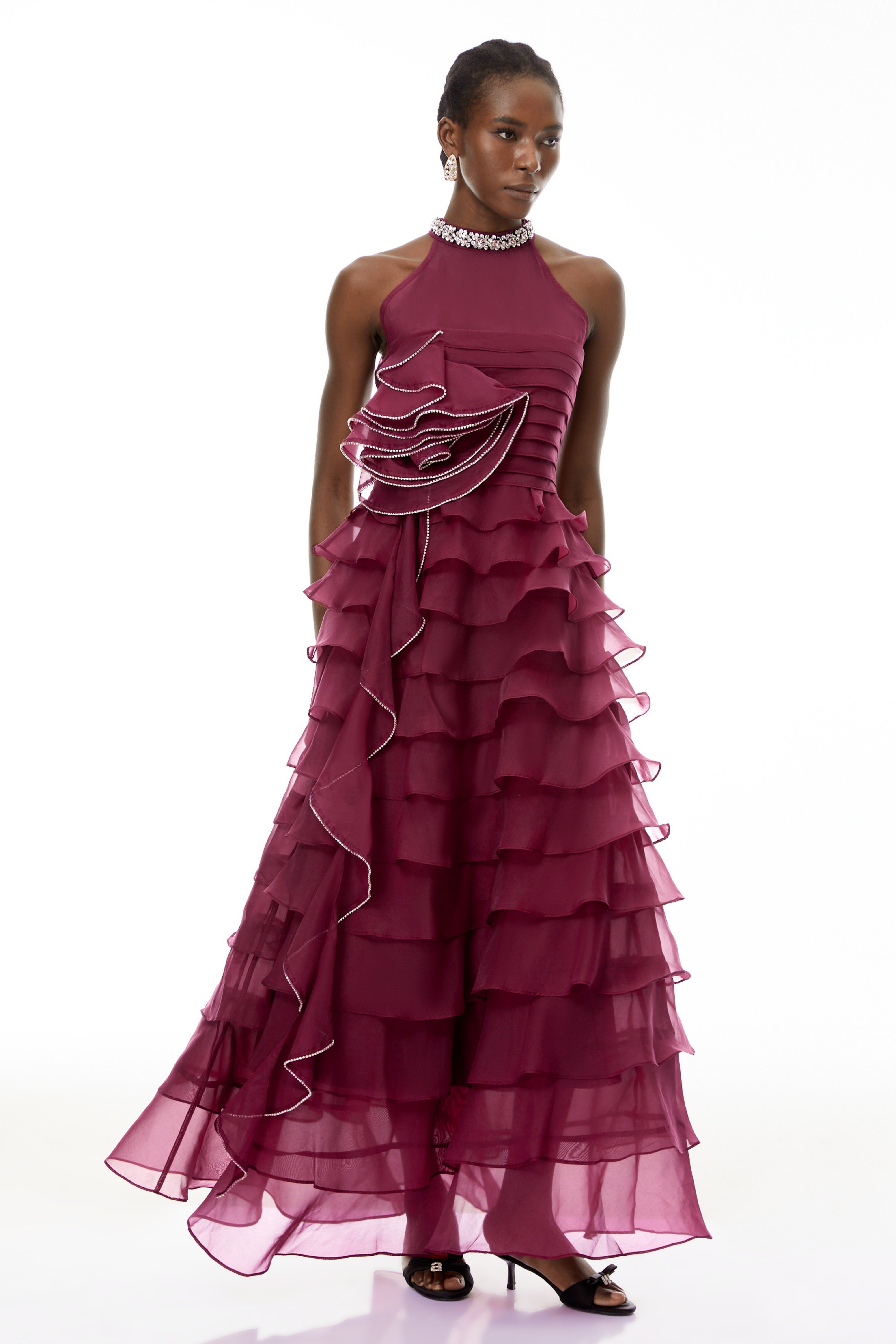 Anathi Rotes 3D-Maxikleid mit gerüschten Blütenblättern