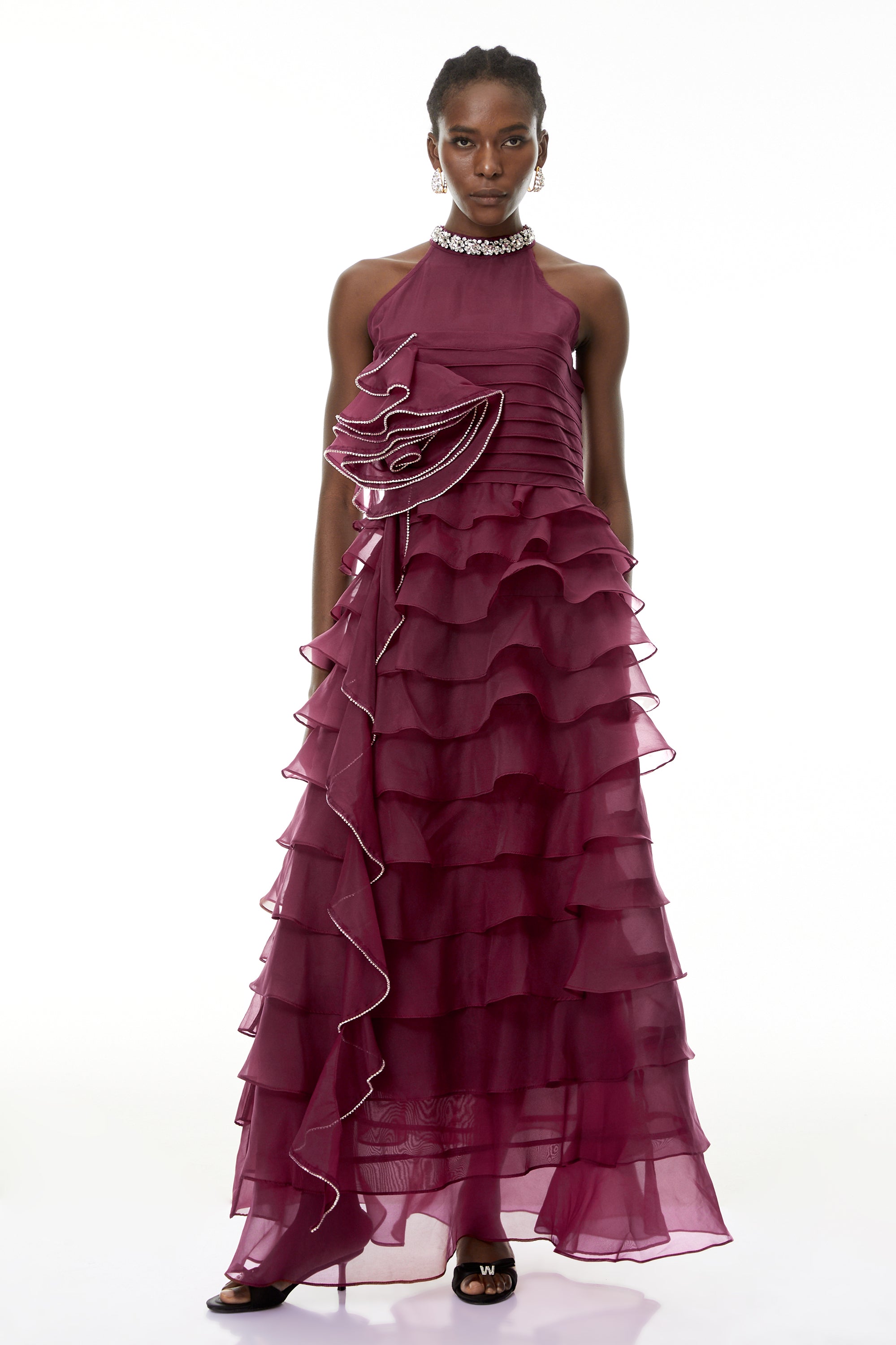 Anathi Rotes 3D-Maxikleid mit gerüschten Blütenblättern