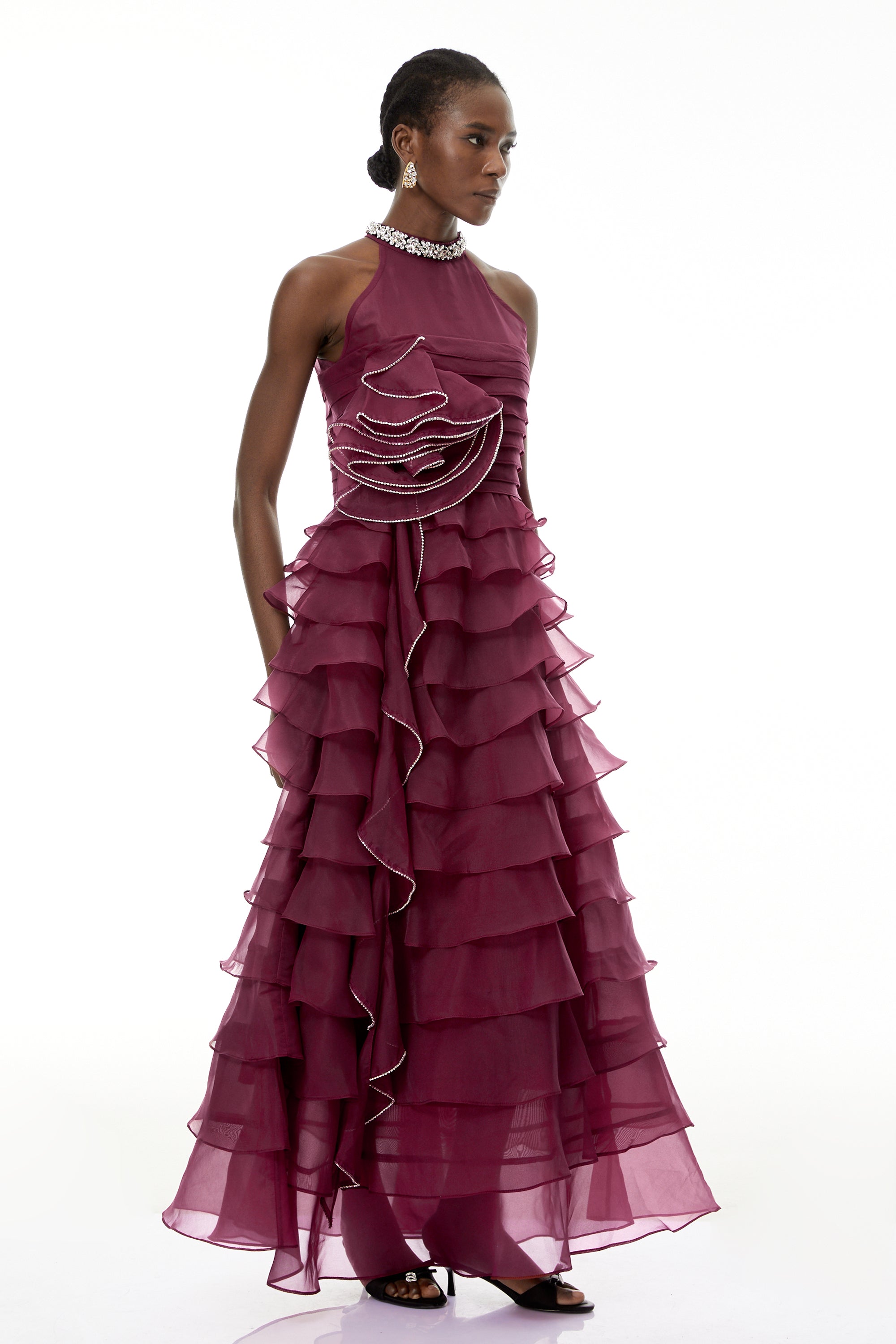 Anathi Rotes 3D-Maxikleid mit gerüschten Blütenblättern