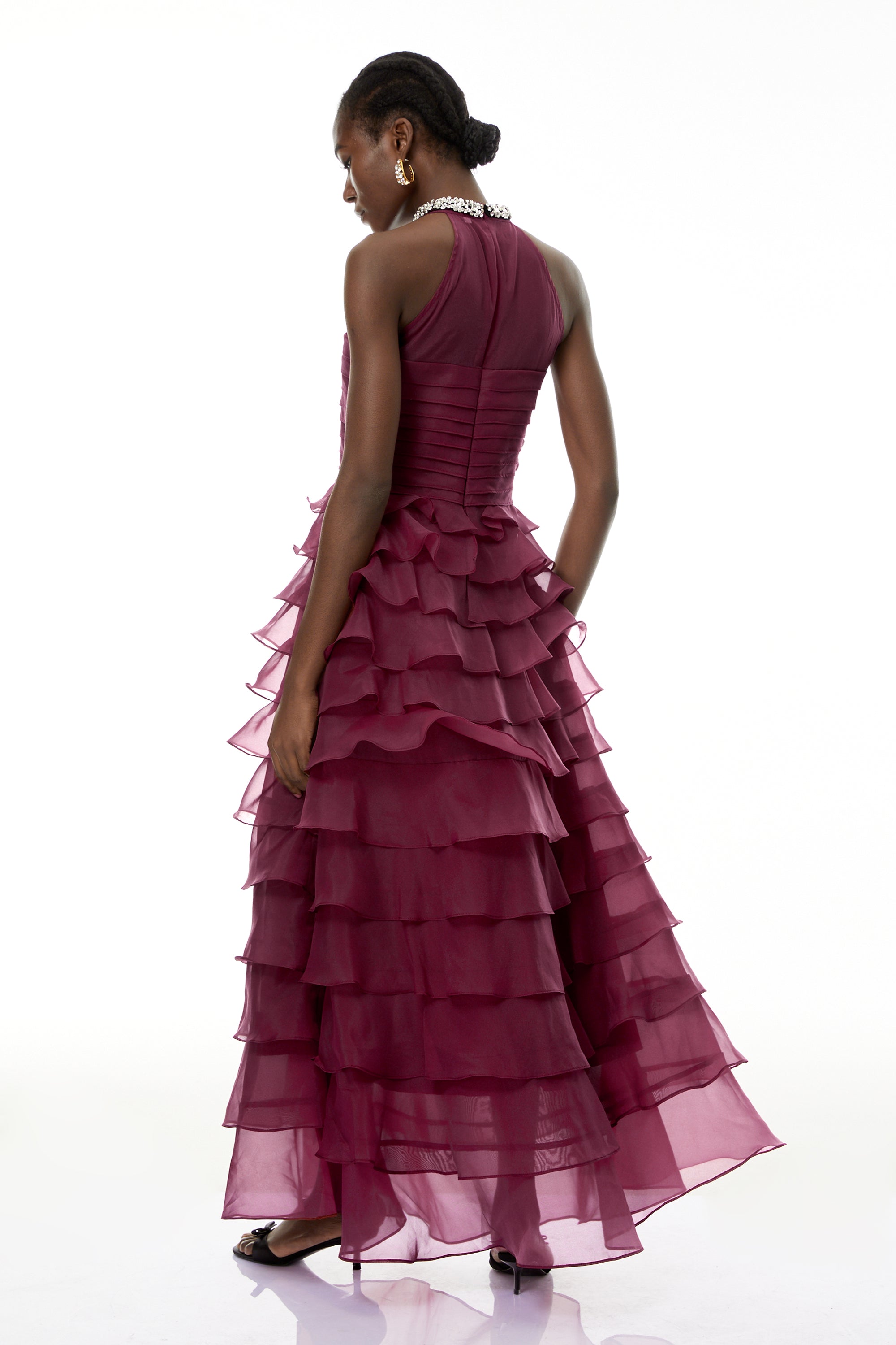 Anathi Rotes 3D-Maxikleid mit gerüschten Blütenblättern