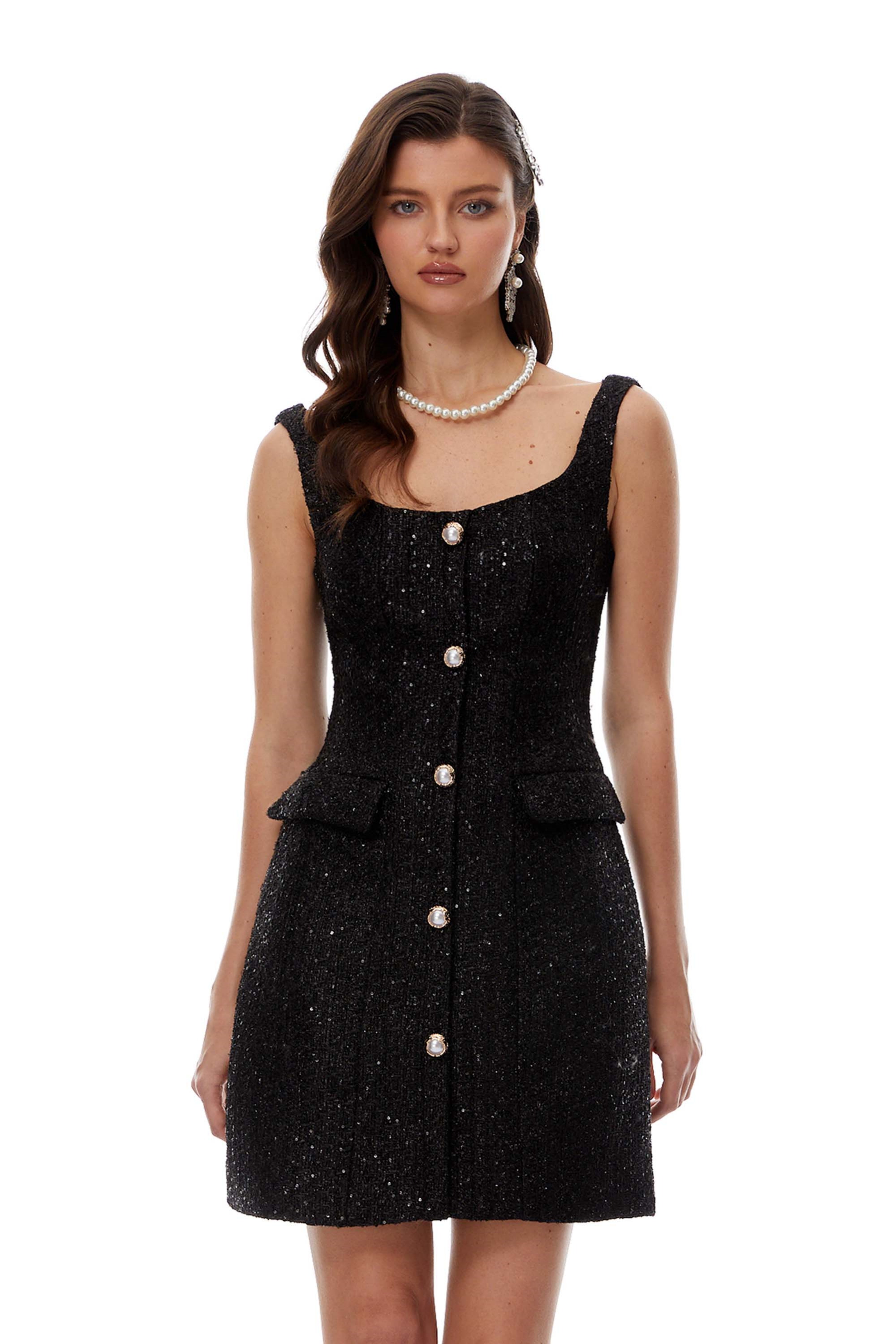 Arna Schwarzes Tweed-Minikleid mit quadratischem Ausschnitt