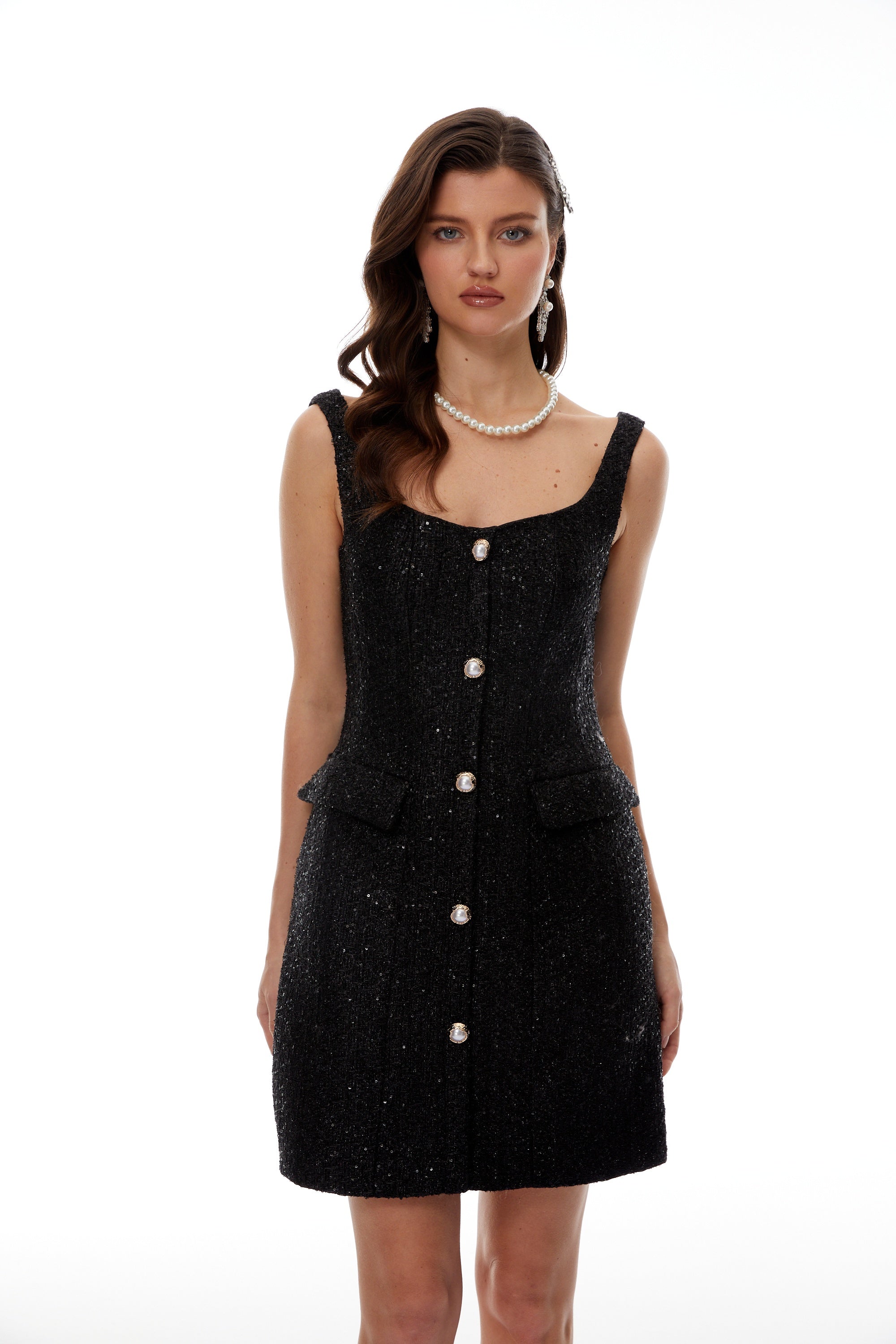 Arna Schwarzes Tweed-Minikleid mit quadratischem Ausschnitt