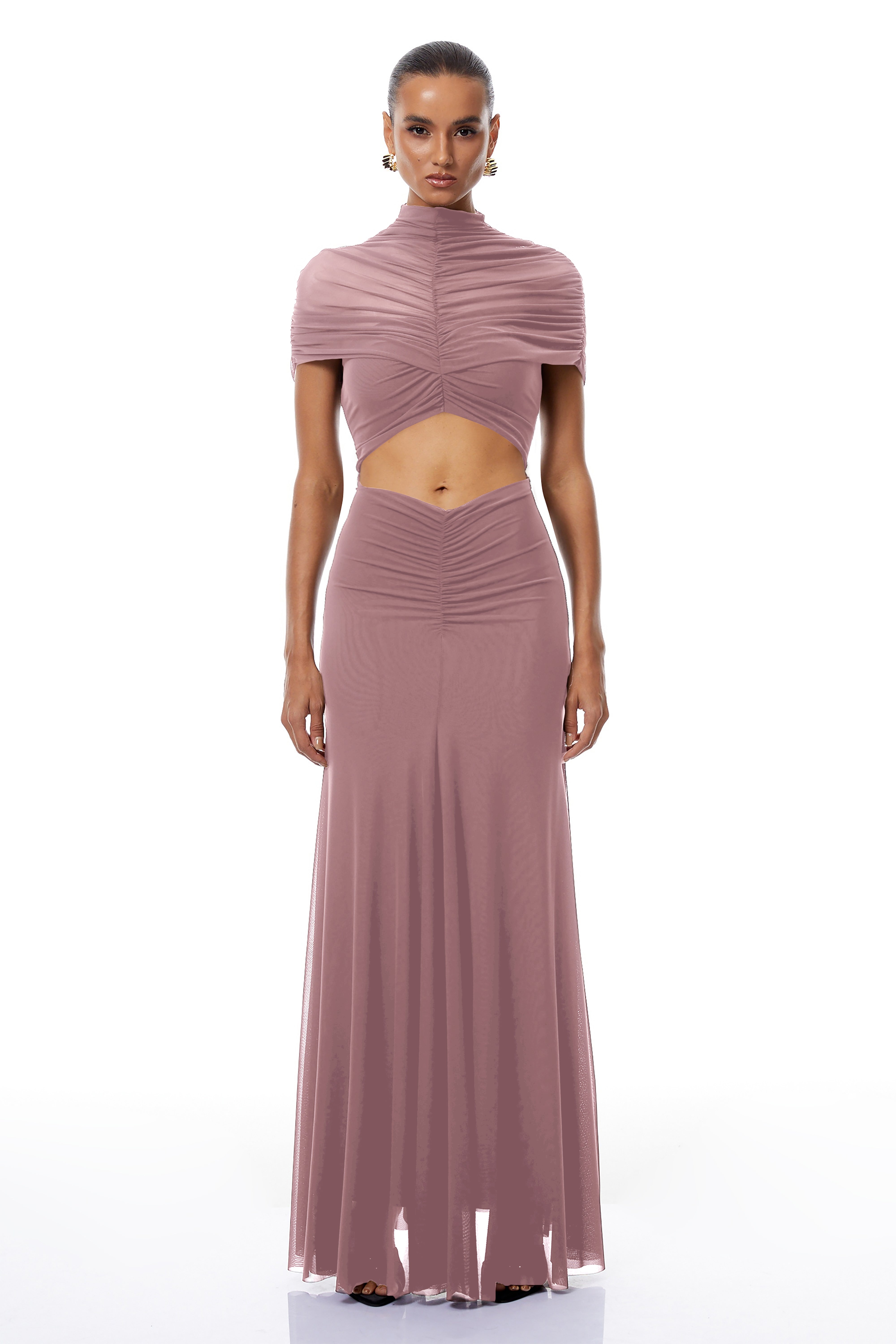 Bruna Lila Maxikleid mit Cut-Outs und Rüschen aus Mesh
