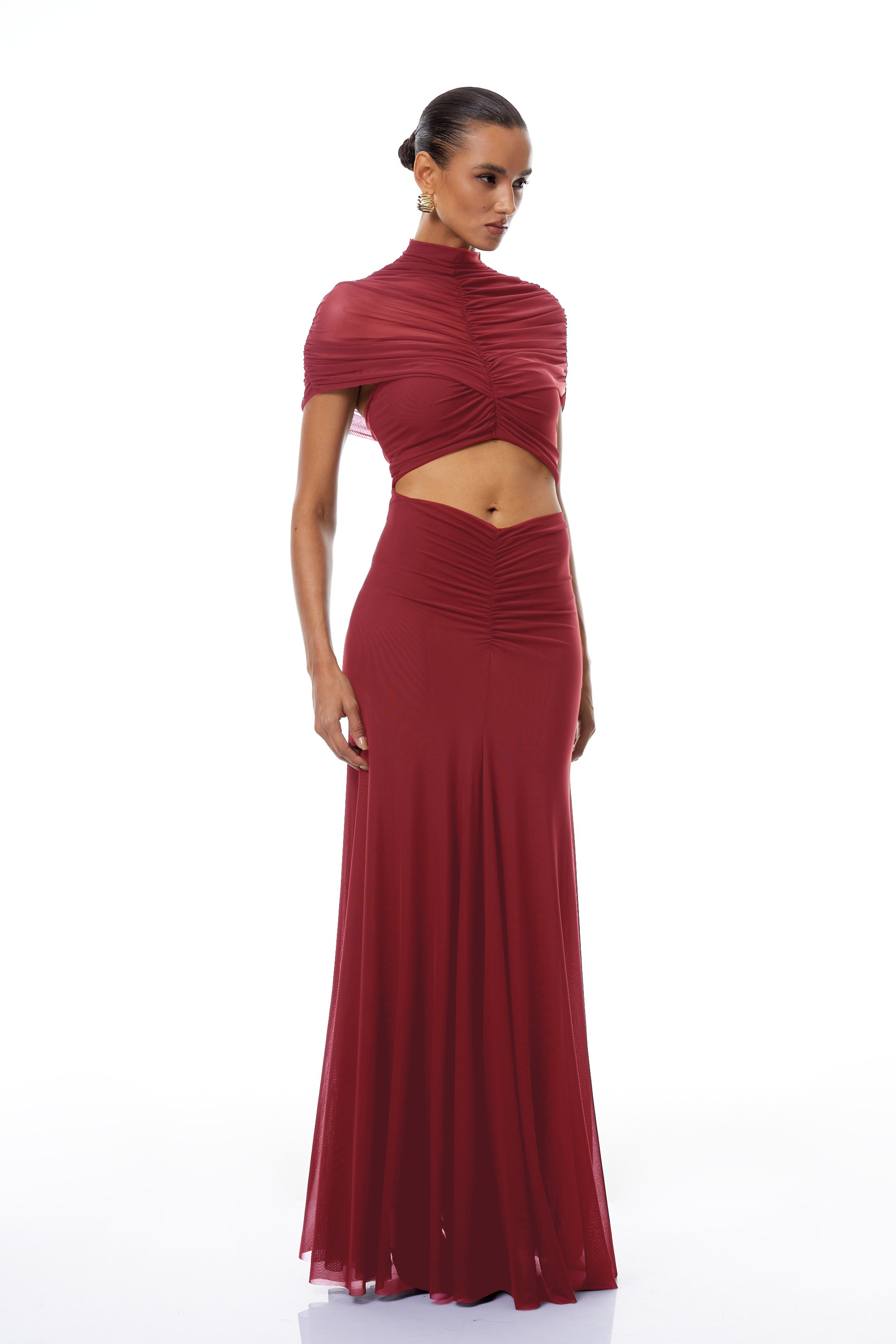 Bruna Rotes Maxikleid aus Mesh mit Cut-Outs und Rüschen