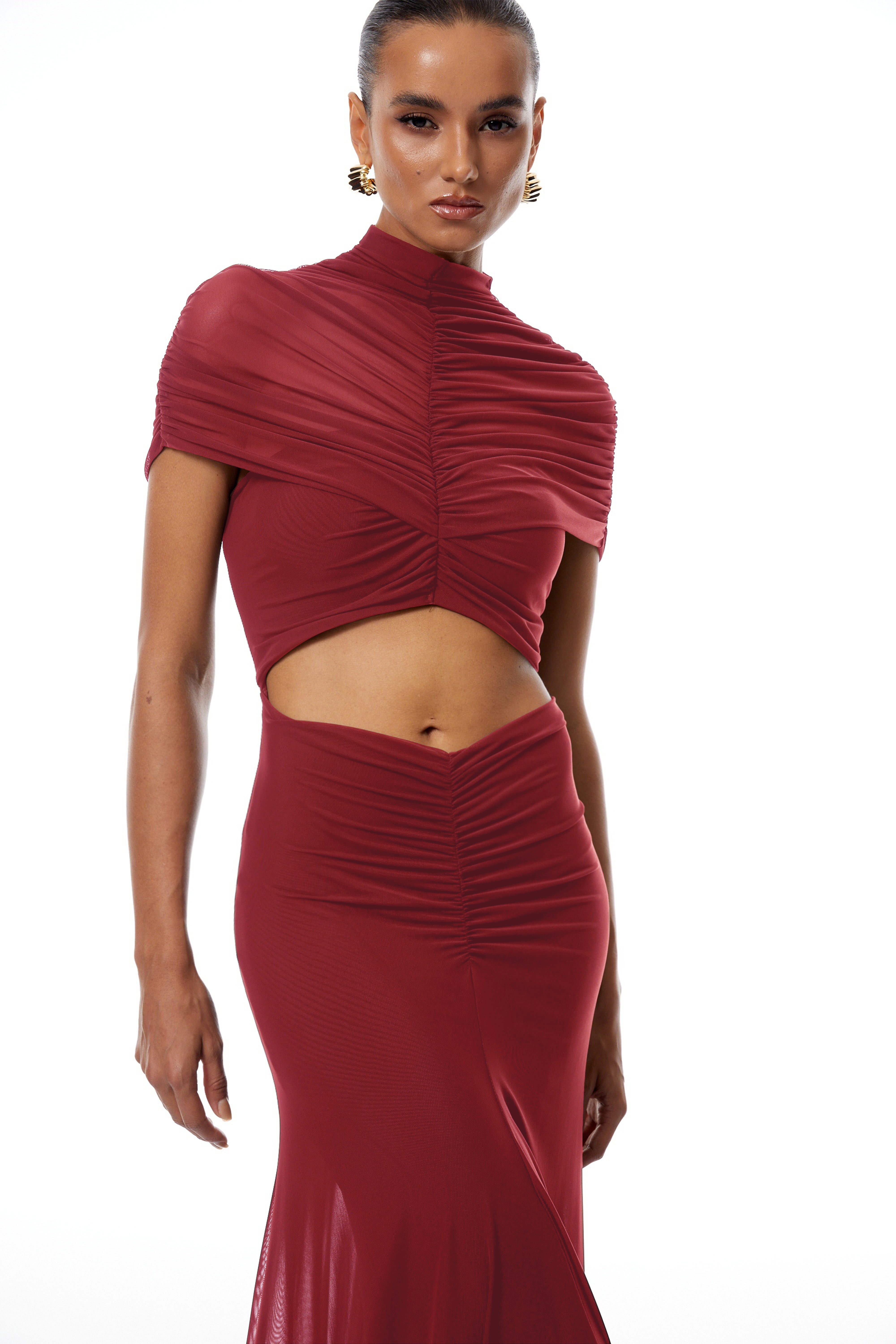 Bruna Rotes Maxikleid aus Mesh mit Cut-Outs und Rüschen