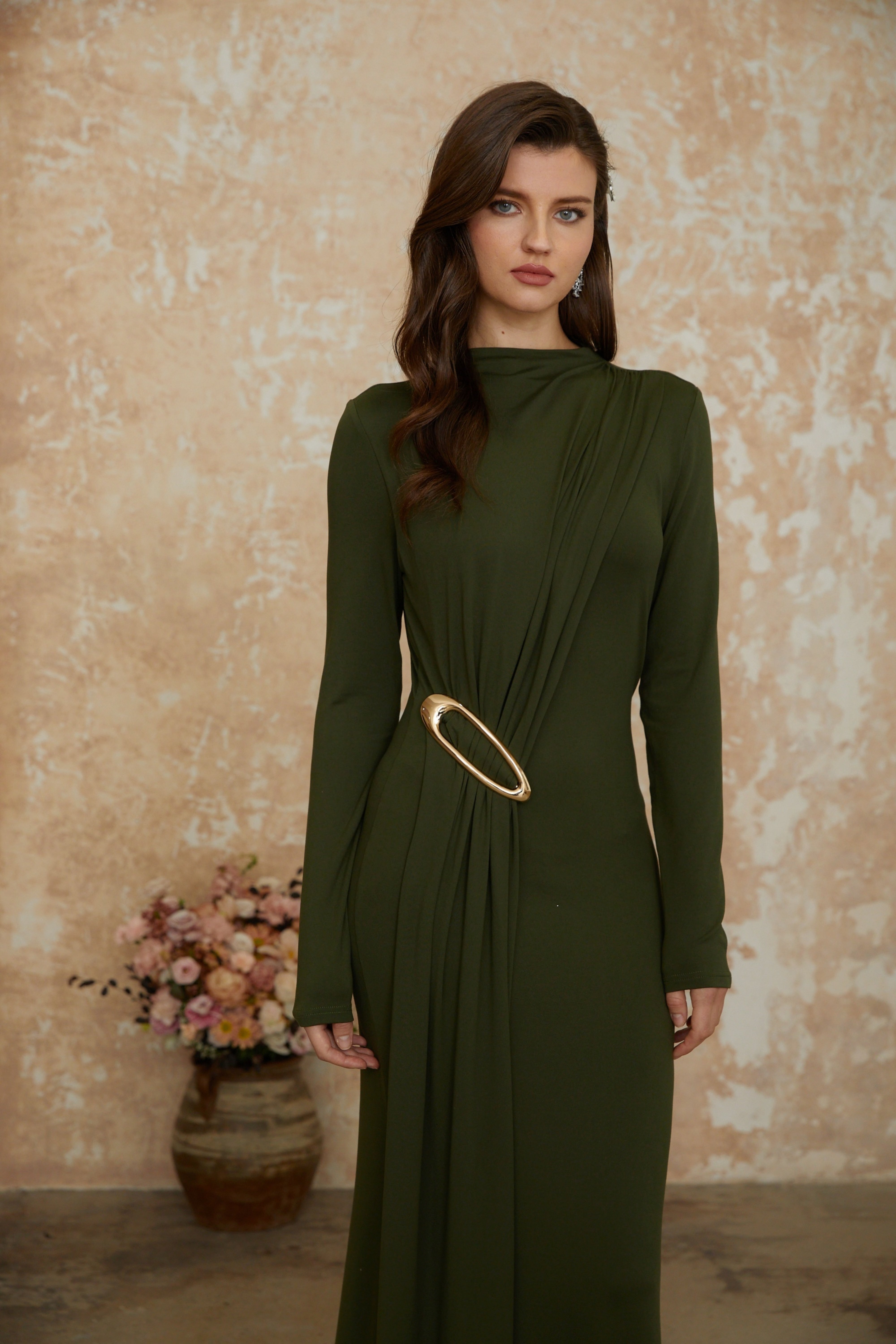 Fawn Green Maxikleid mit Rüschen und Schleifendetail