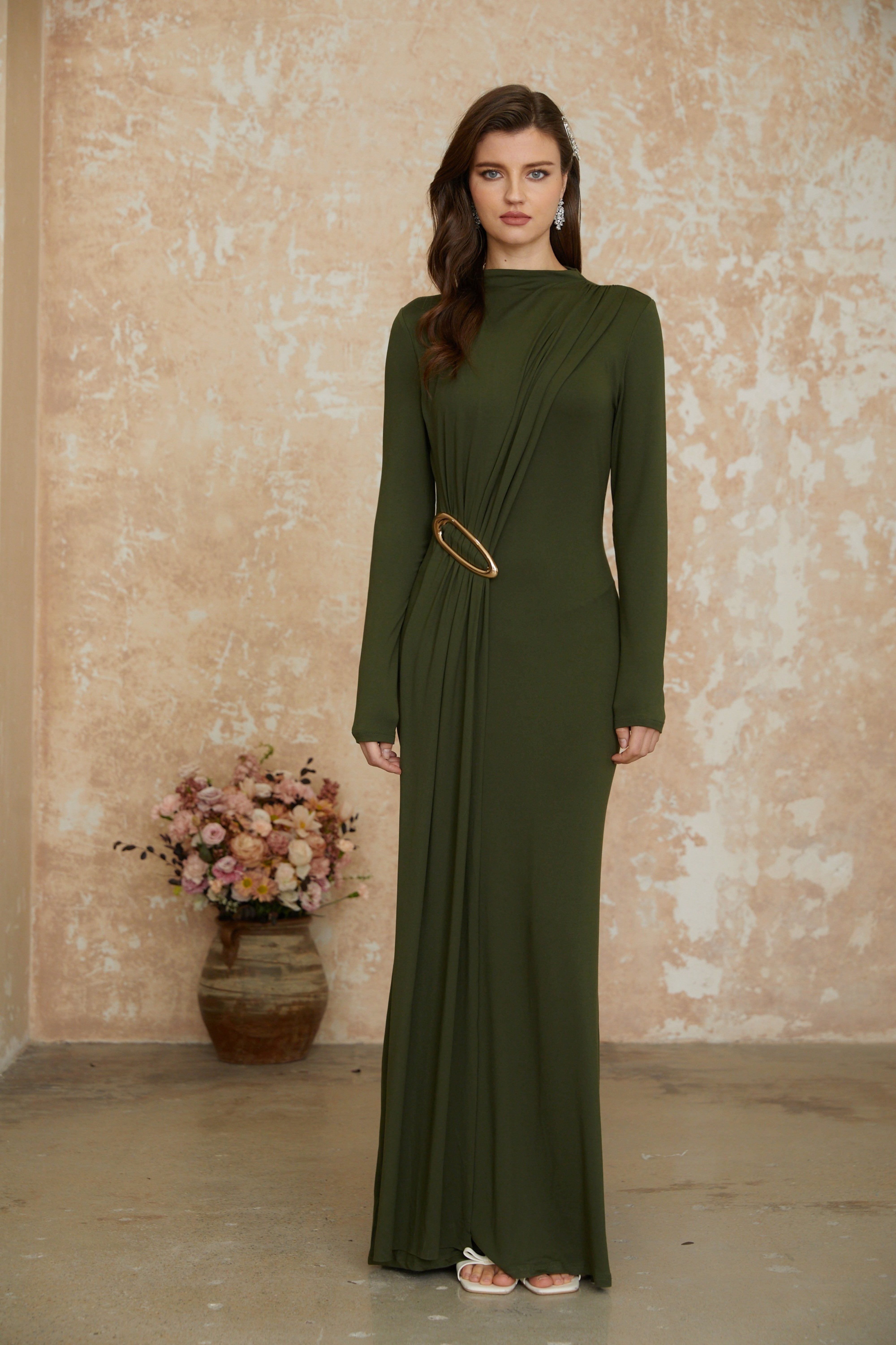 Fawn Green Maxikleid mit Rüschen und Schleifendetail