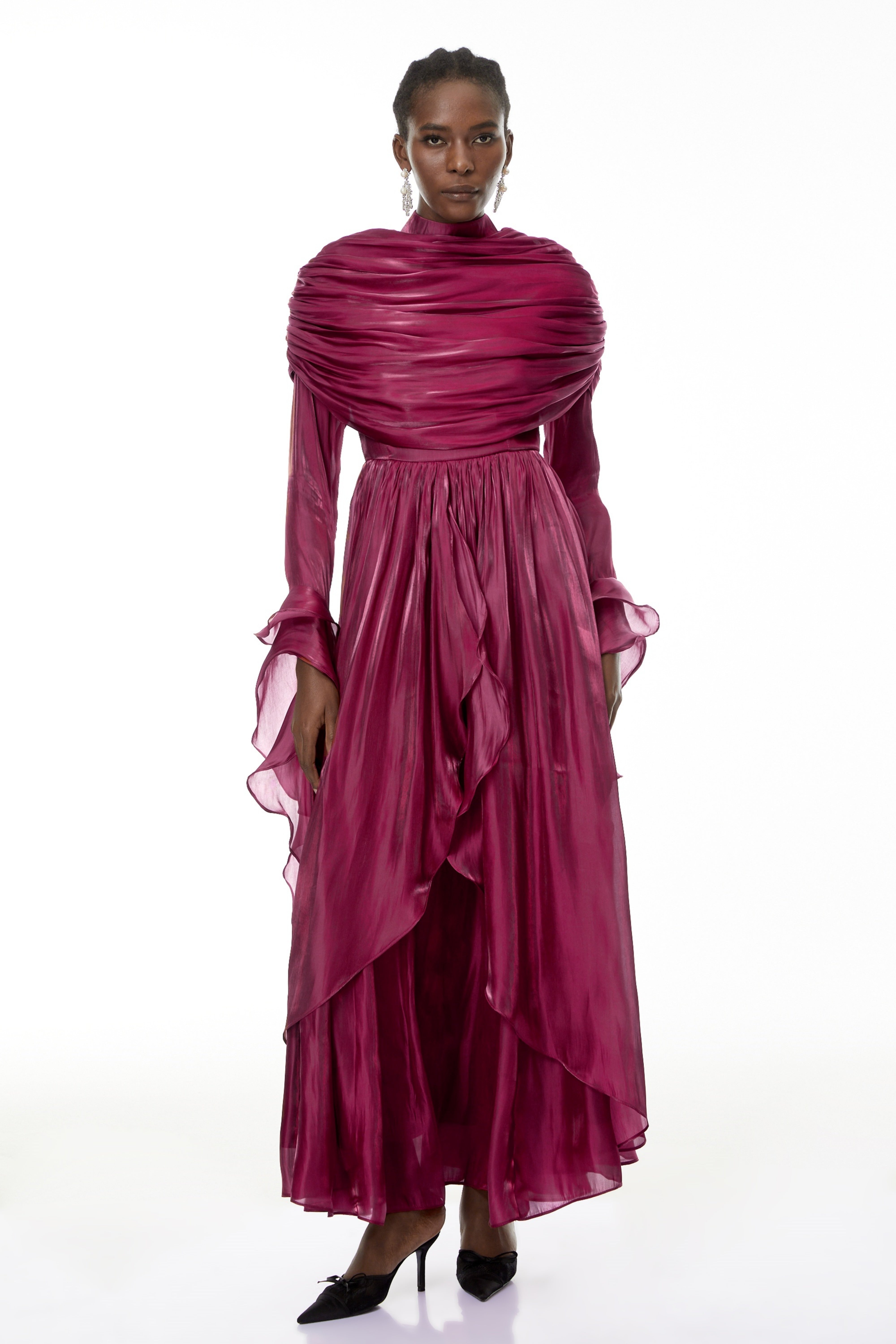 Gustave Burgundy Rüschen-Cape Maxikleid mit Rüschen