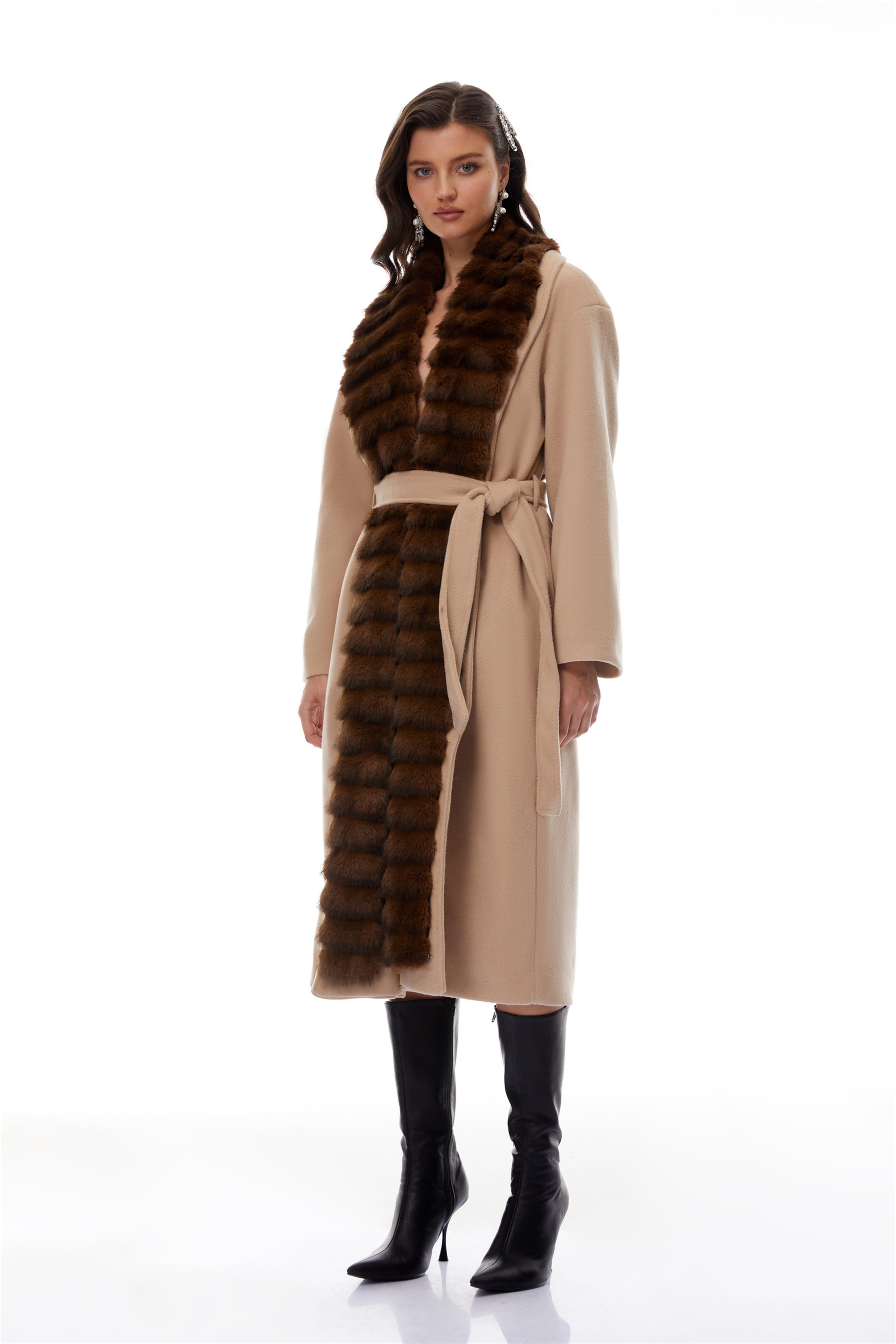 Ileana Khaki Trenchcoat mit Pelzbesatz