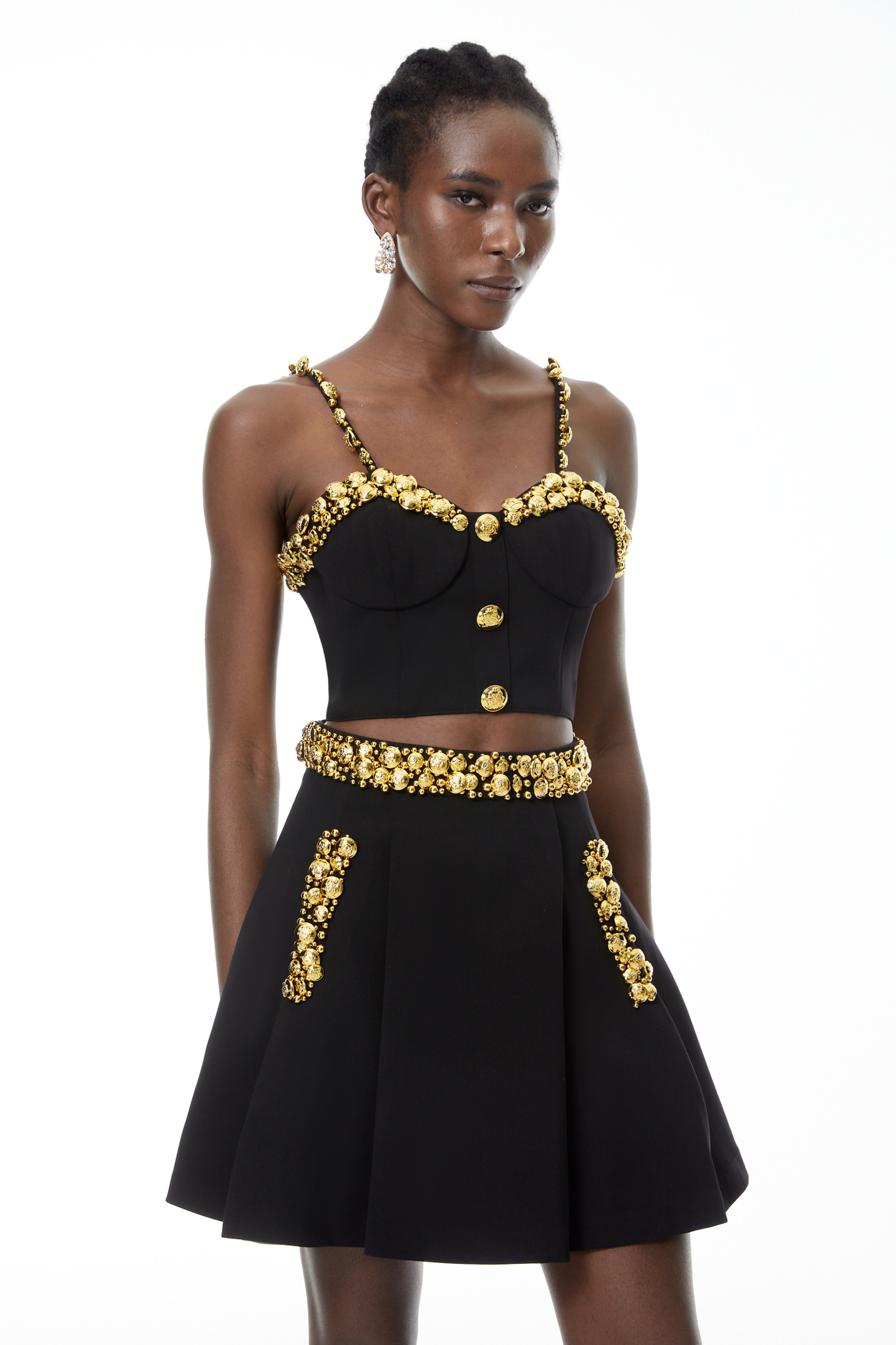 Kukka Schwarzes Oberteil & Minirock-Set mit Knöpfen