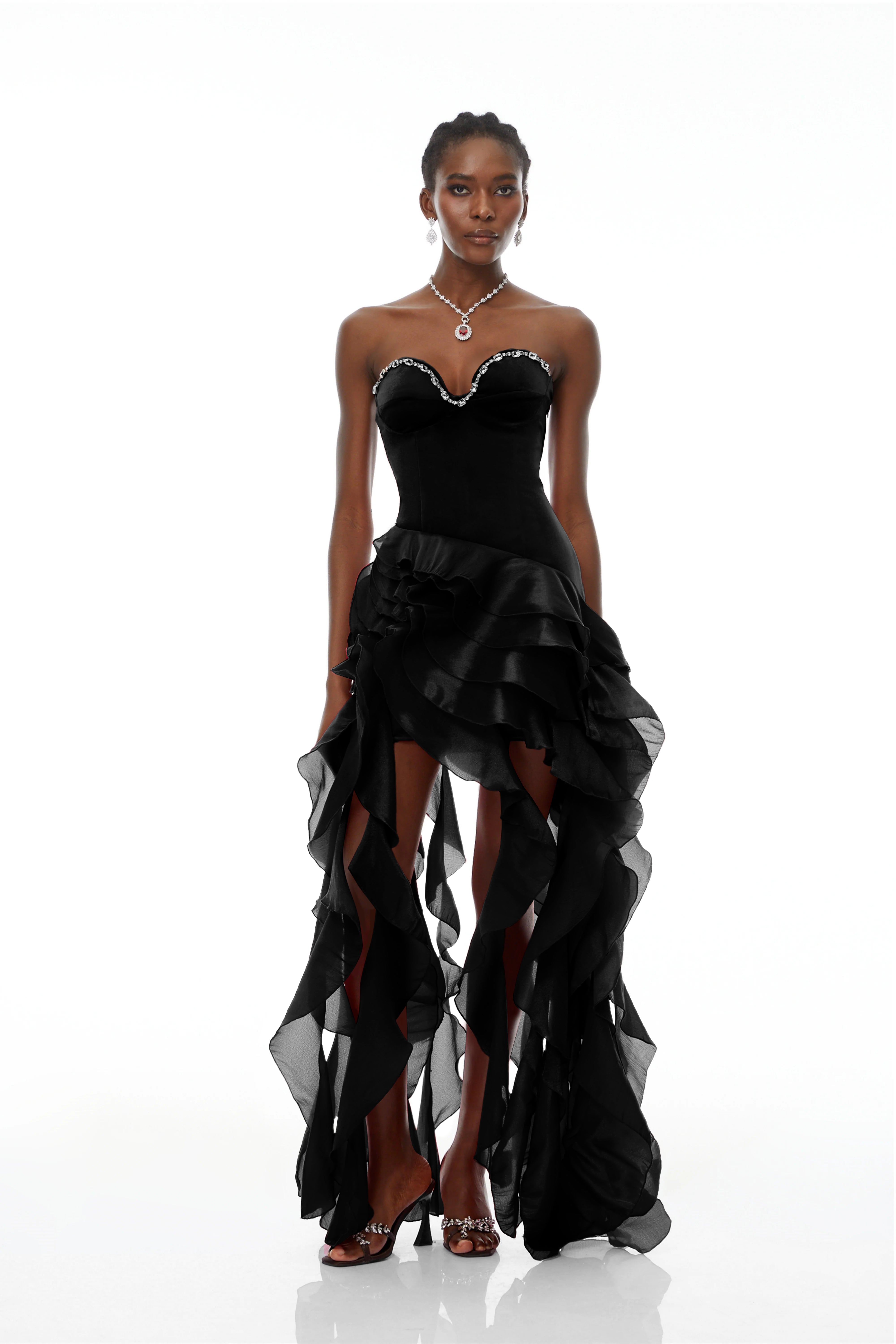 Lunetta Schwarzes trägerloses Maxikleid mit Rüschen