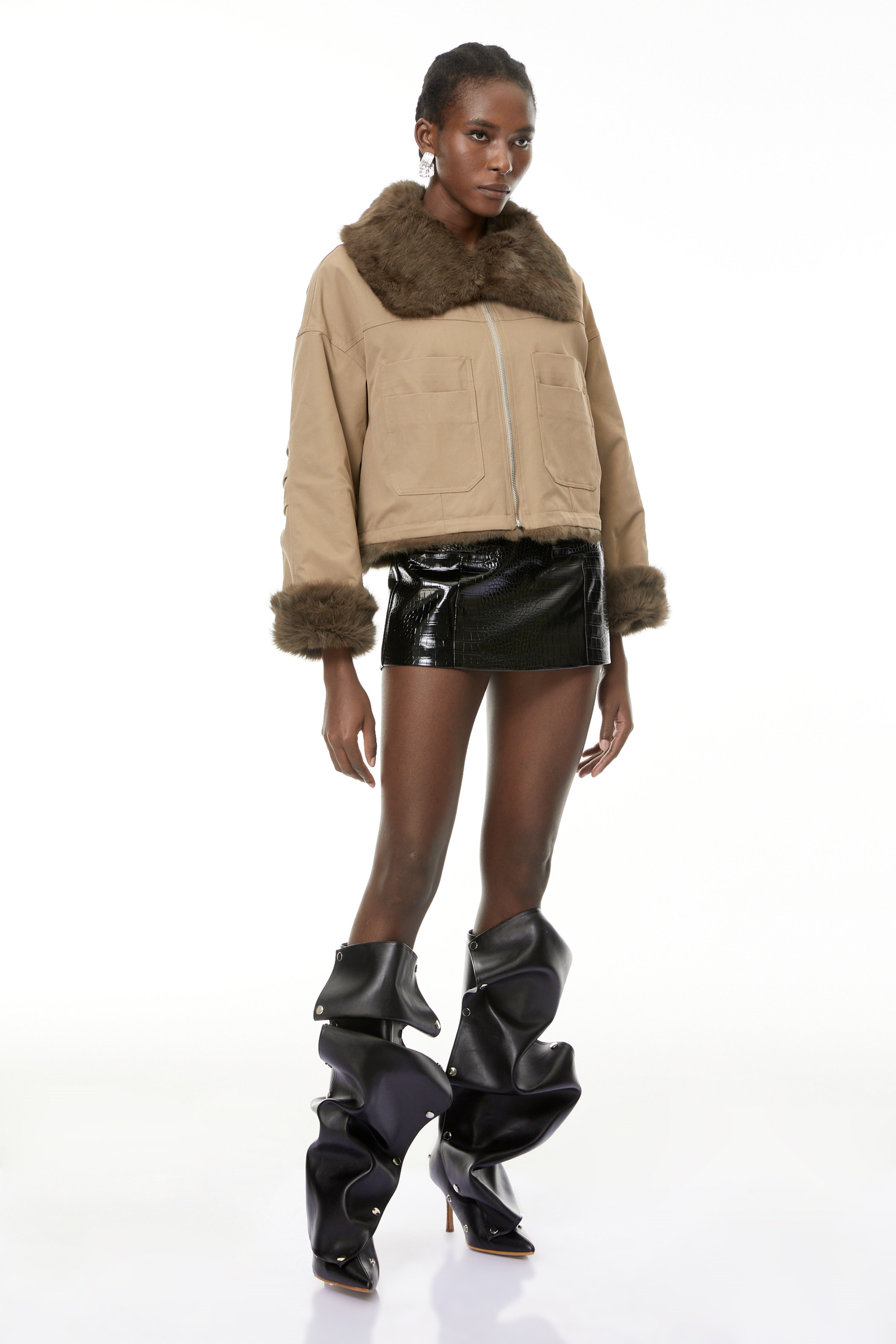 Nevaeh Khaki-Mantel mit Pelzbesatz