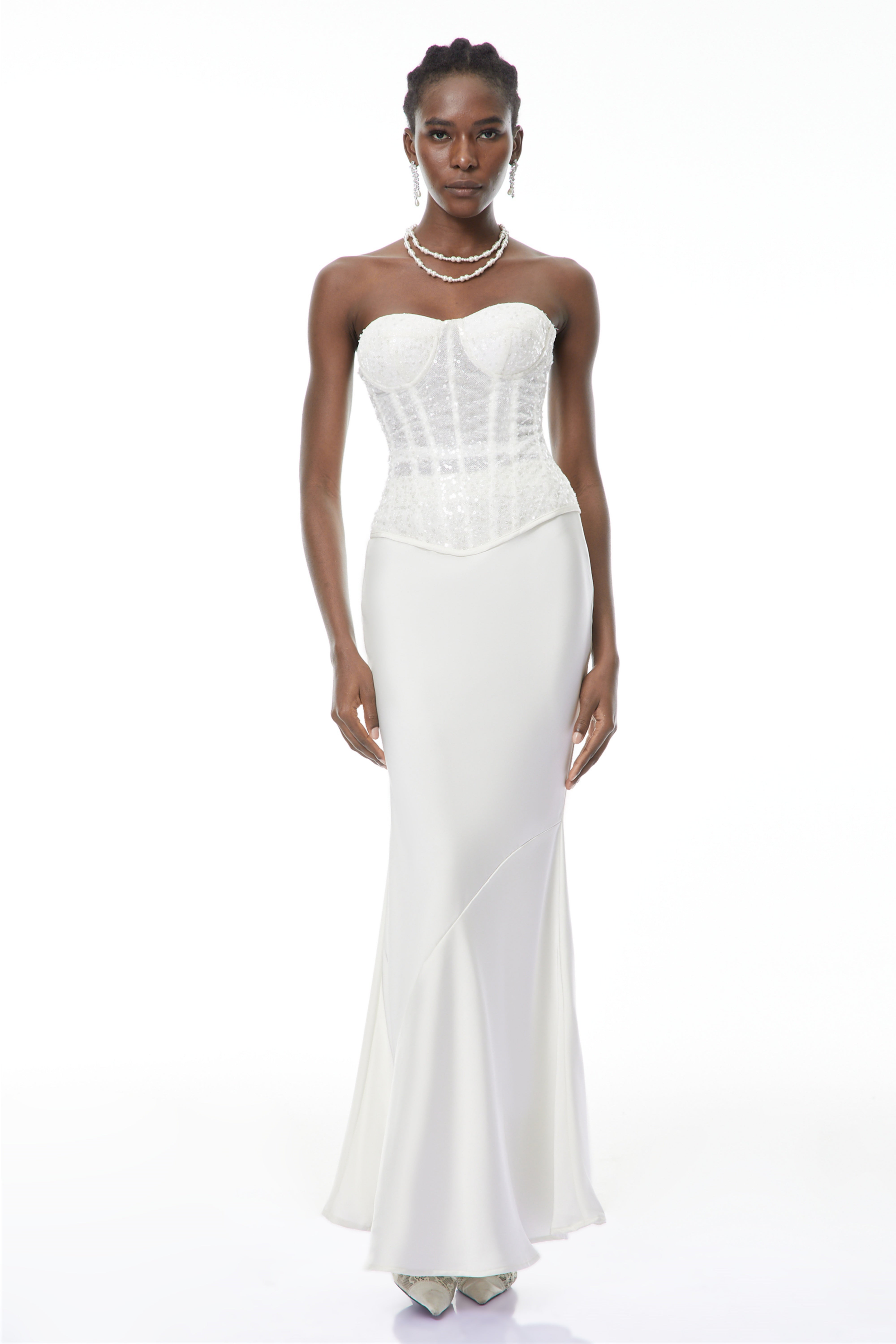 Zora Weißes Pailletten-Korsett-Oberteil & Satinrock-Set